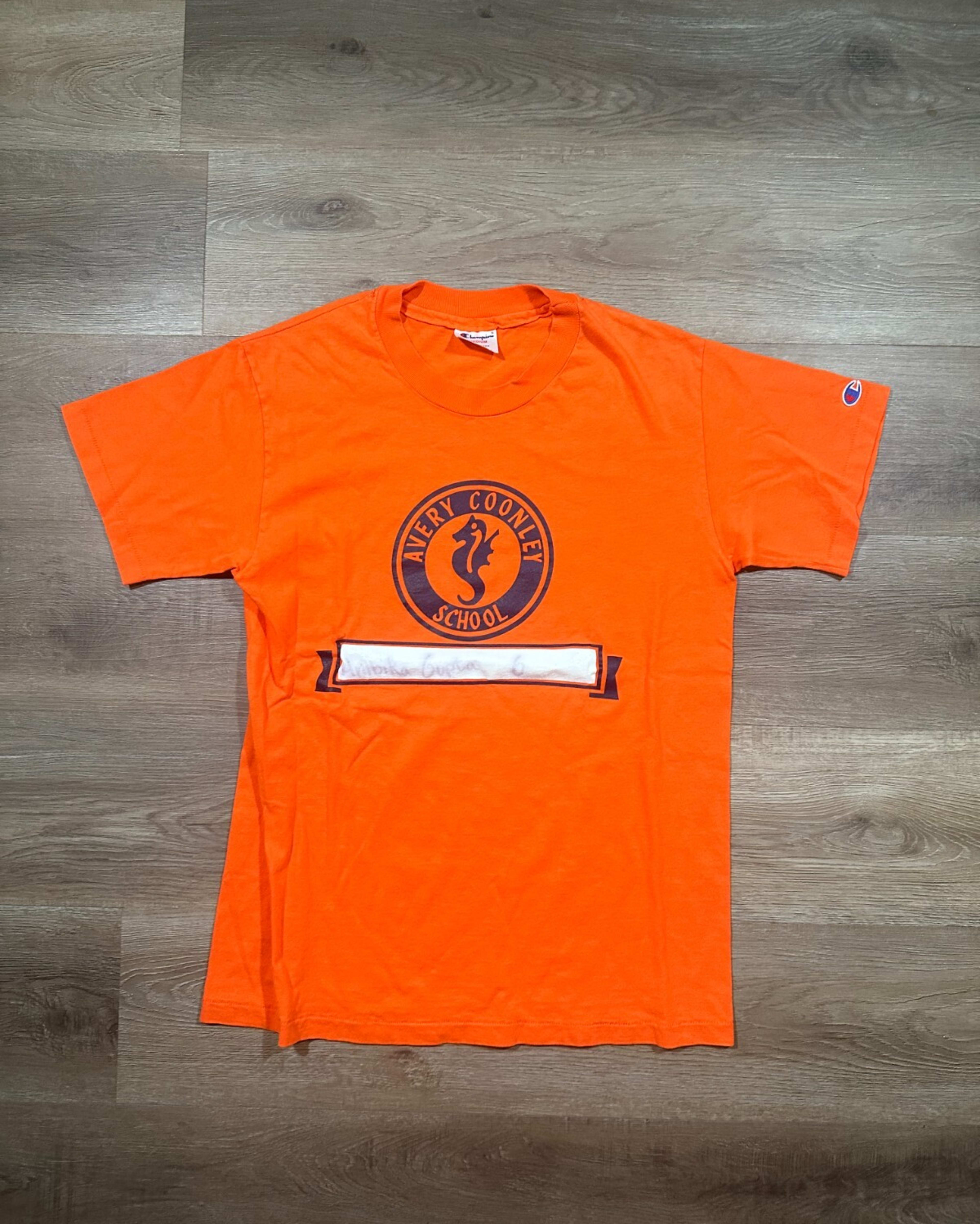 Vintage Champion T Shirt Mens M Orange Graphic Print School Short Sleeve 90s