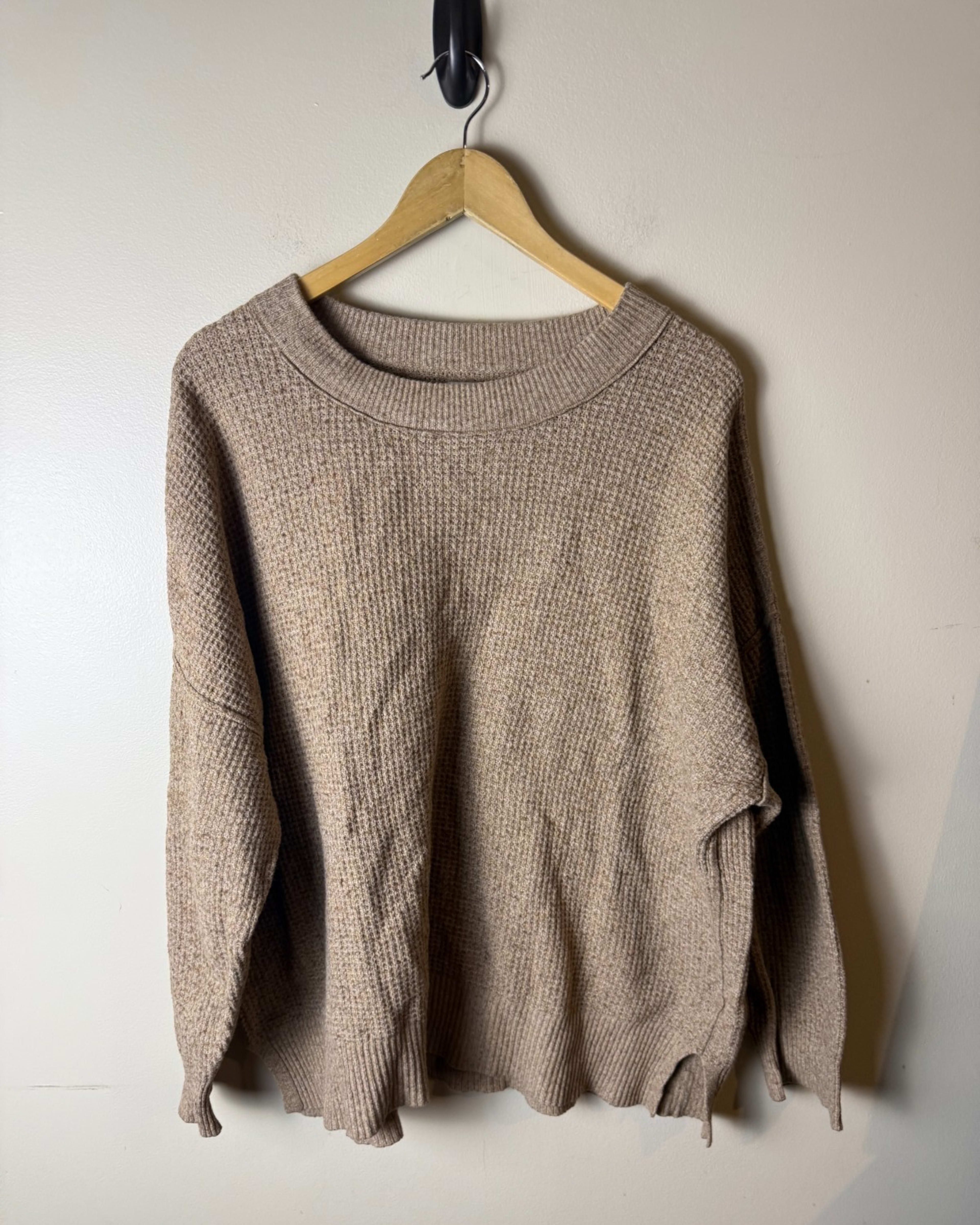 Aerie Waffle Knit Cotton Pullover Sweater Crew Neck Womens M Beige