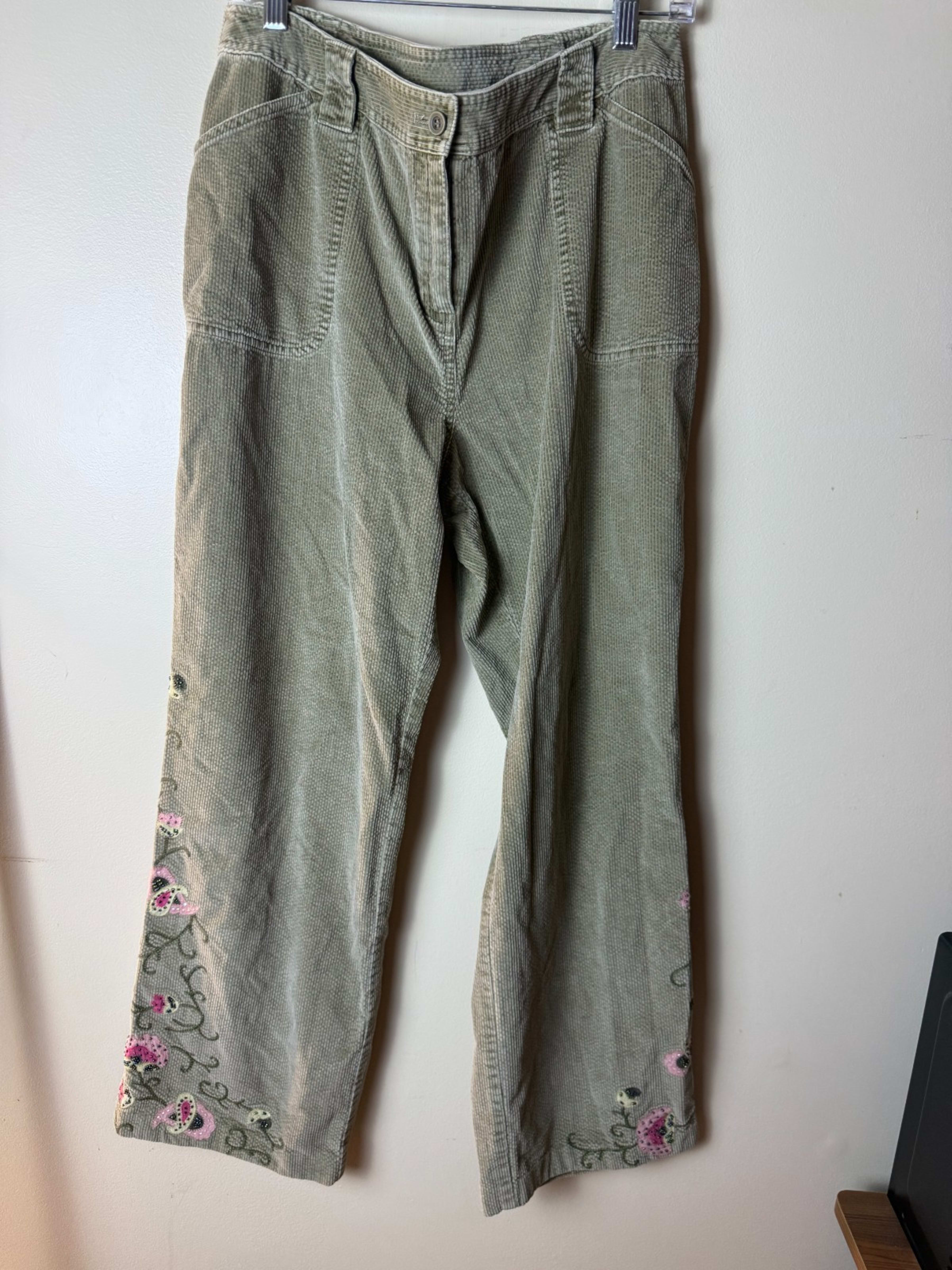 J. Jill Corduroy Pants Womens 14 Gray Embroidered Flower Floral Zip Casual