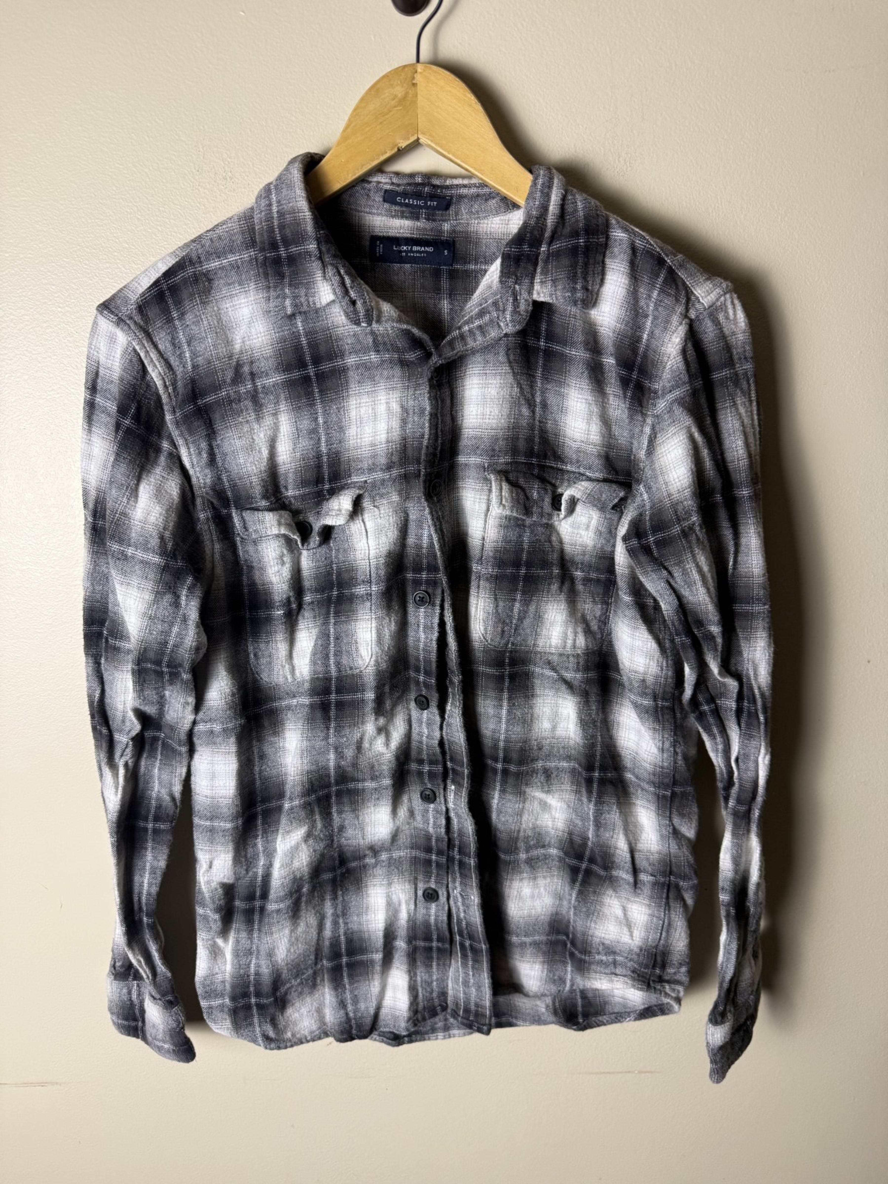 Lucky Brand Shirt Mens S Gray Black Plaid Classic Fit Button Down Casual