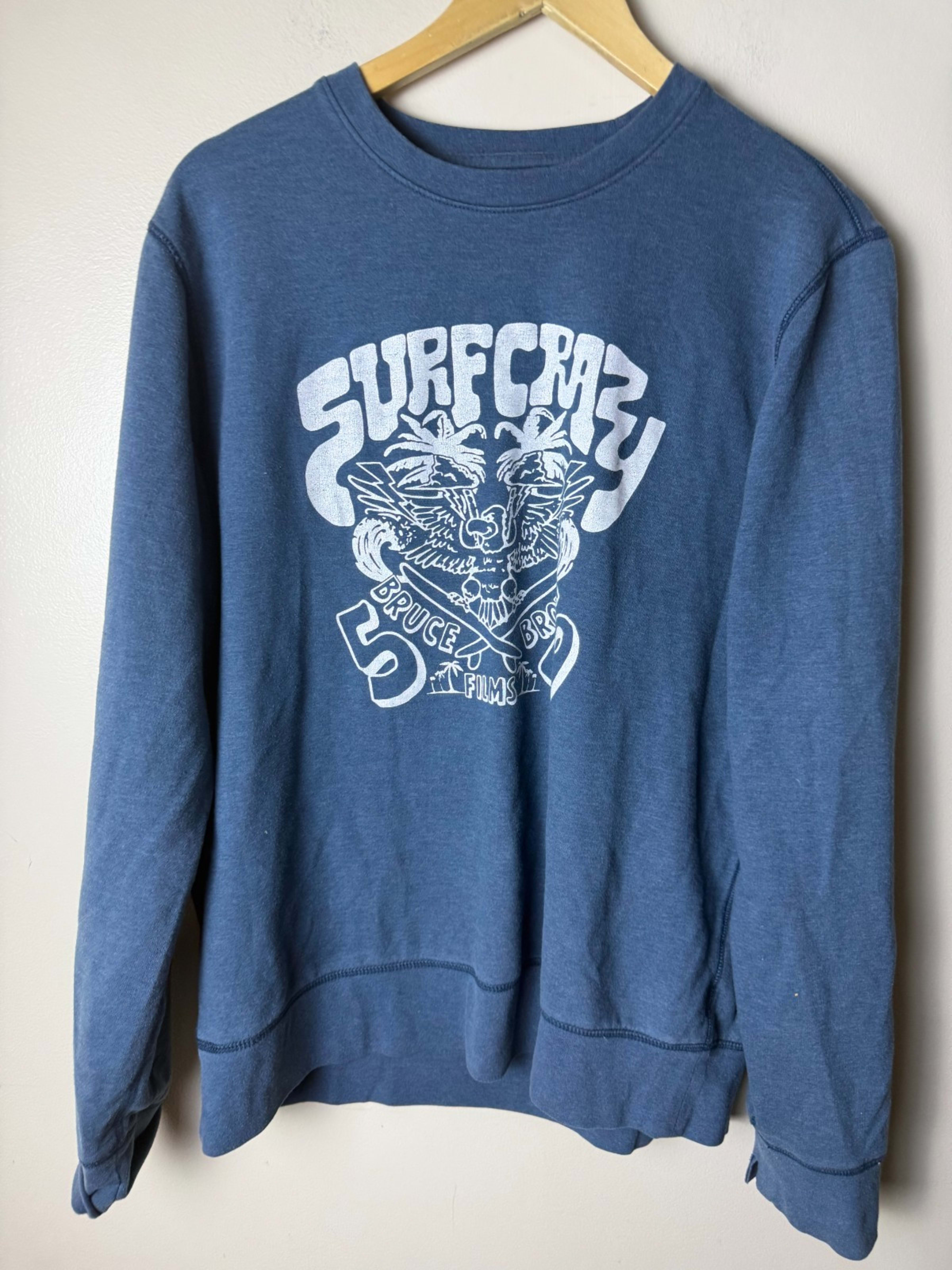 Lucky Brand Sweatshirt Graphic Print Bruce Brown Films Surf Crazy Mens L Blue