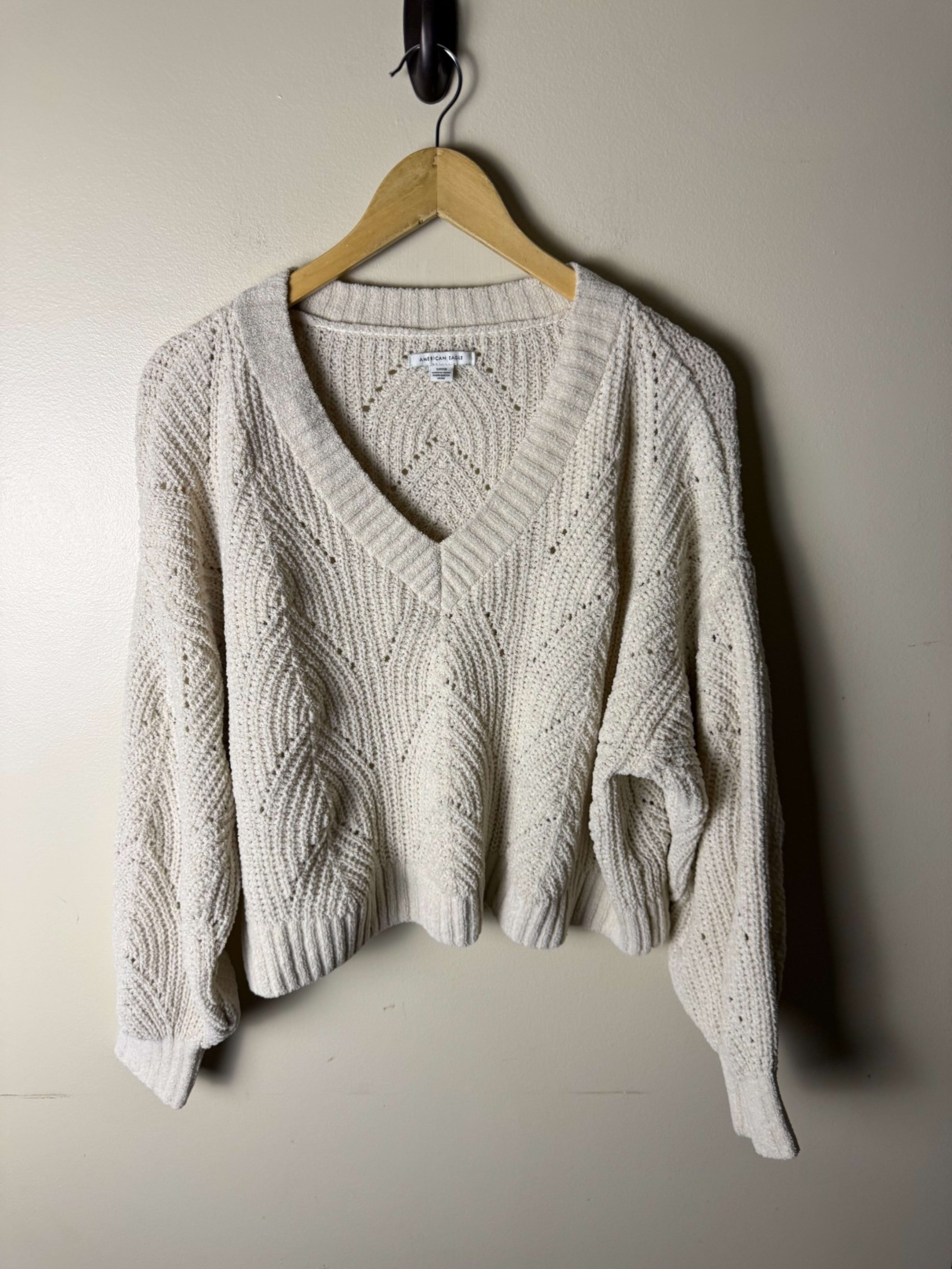 American Eagle Cropped Knit Pullover Sweater Women's S Cream White