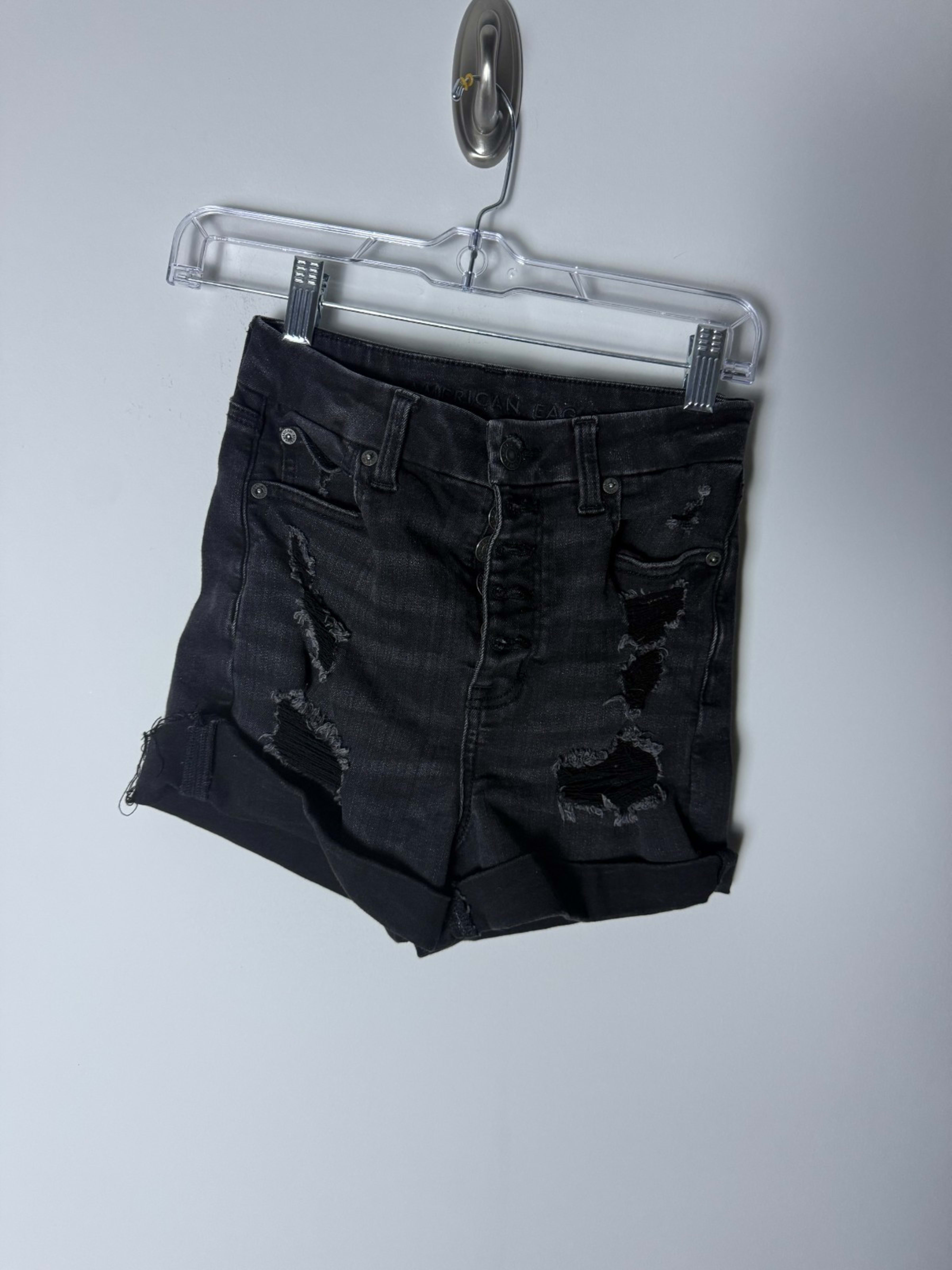 American Eagle Outfitters High-Rise Distressed Black Denim Women's 2 Mom Shorts