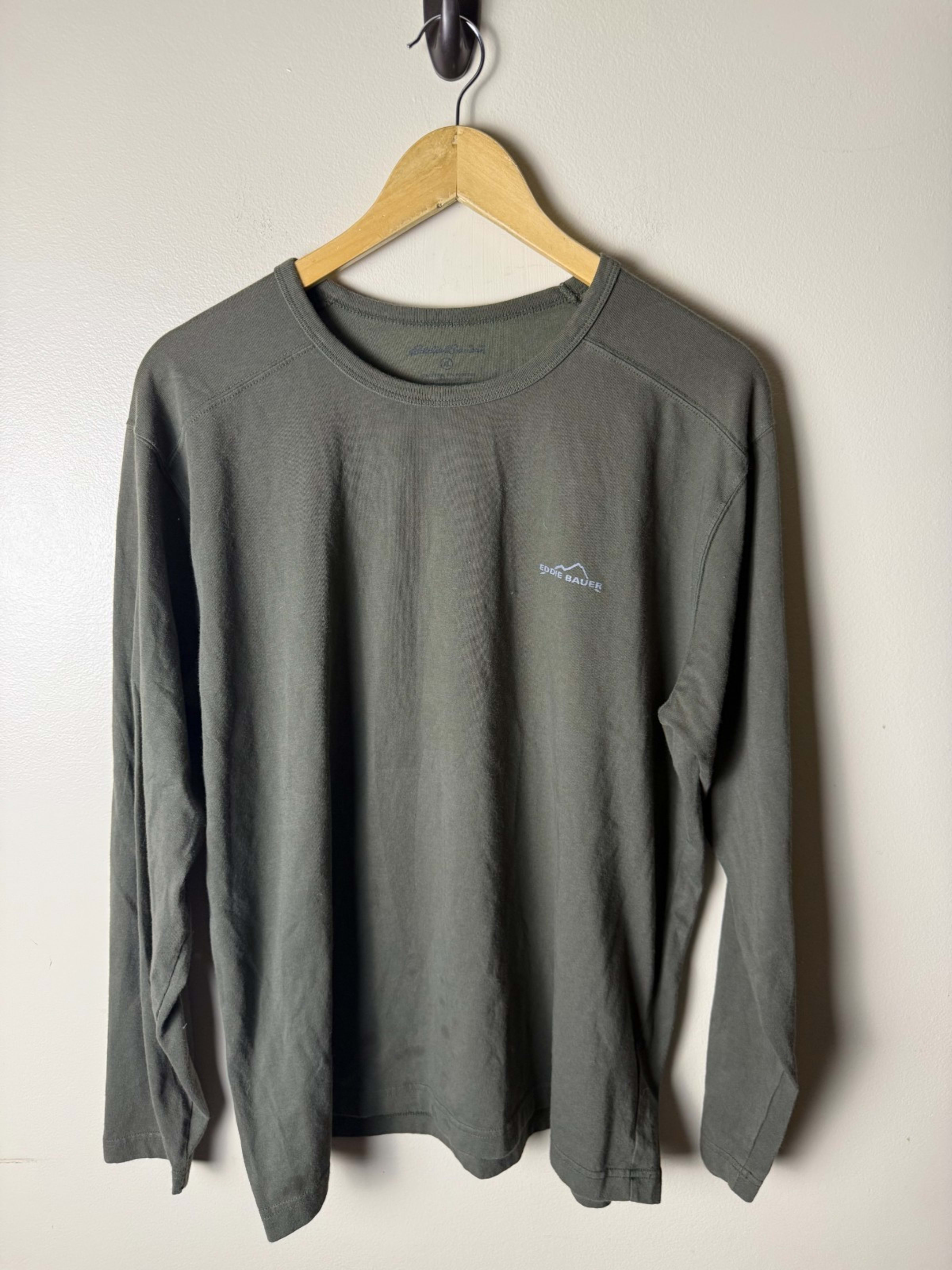 Eddie Bauer Shirt Mens XL Green Cotton Long Sleeve Lightweight Crewneck Pullover