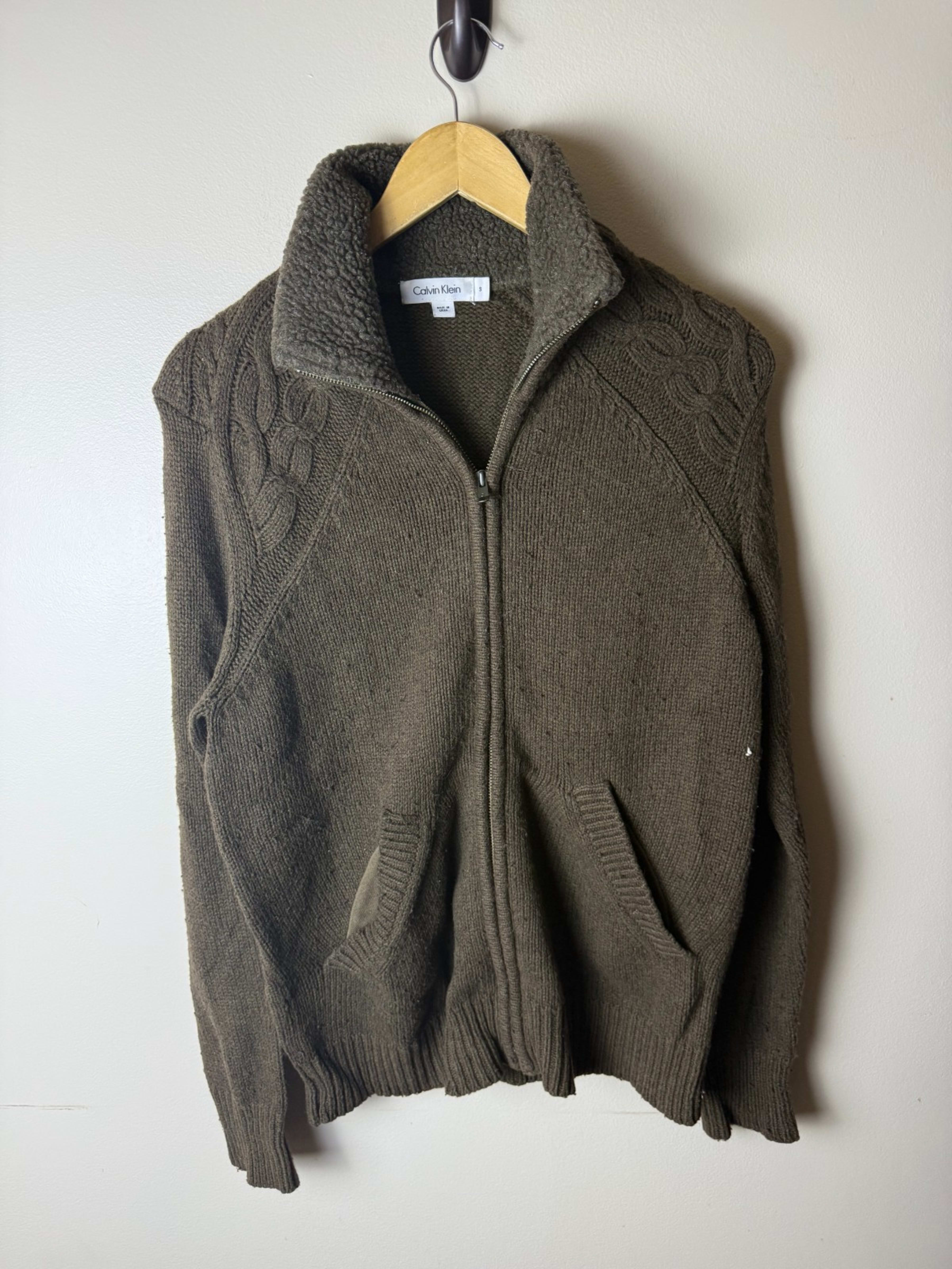 Calvin Klein Full Zip Up Cable Knit Sleeve Cotton Cardigan Sweater Mens S