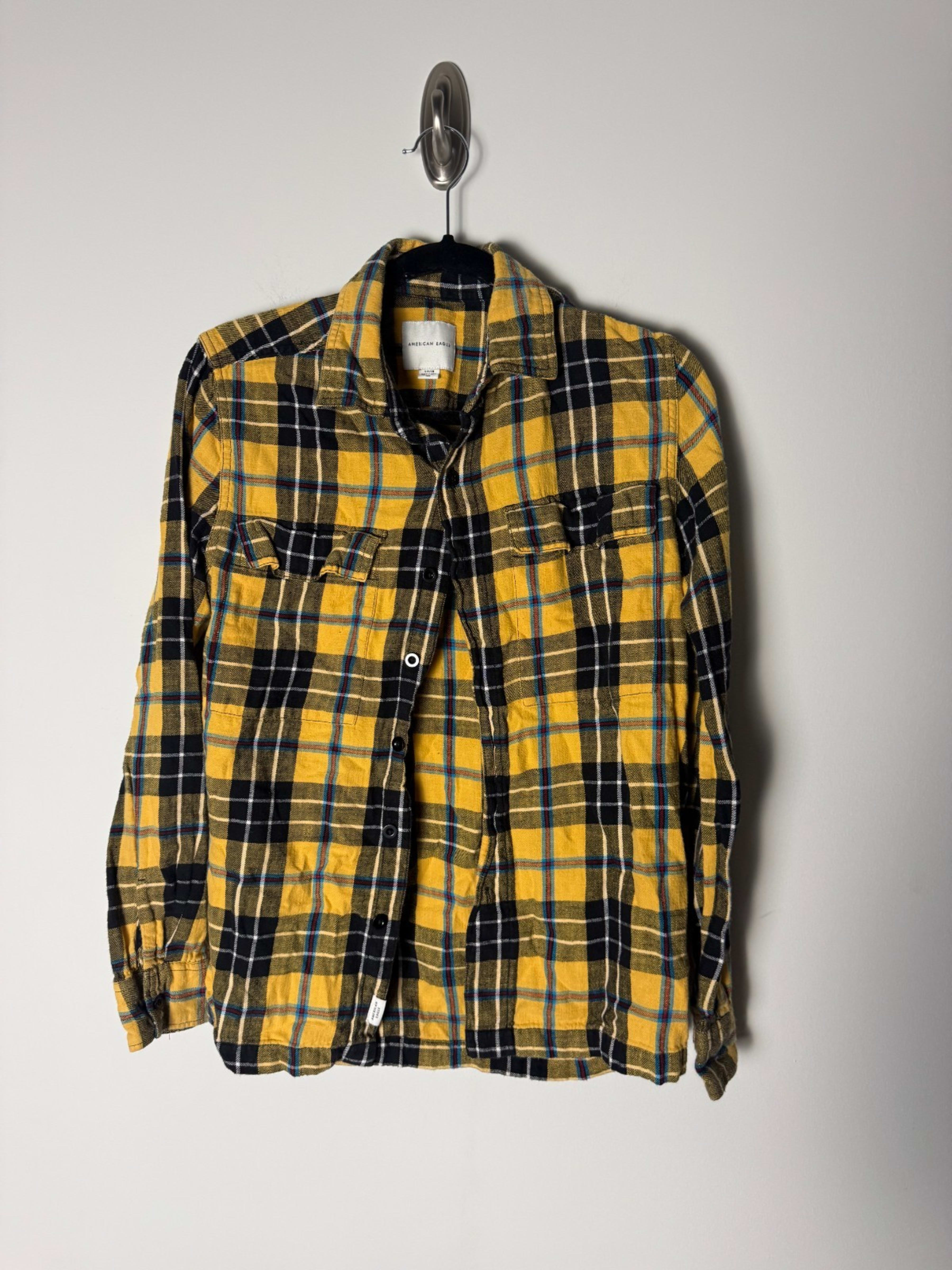 American Eagle Womens S Yellow Grey Buffalo Check Flannel Button Down Shirt