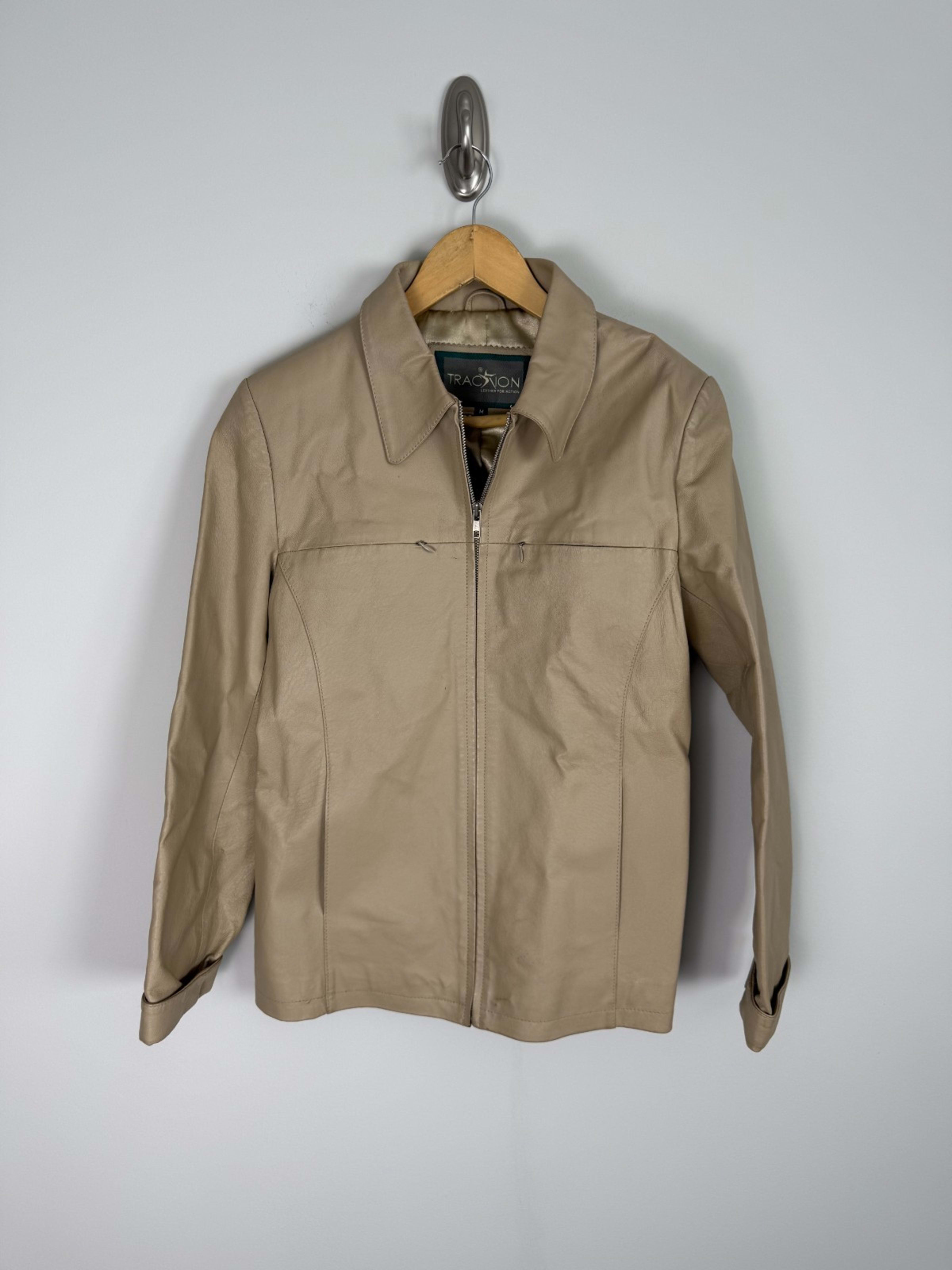 Vintage Traction Long Sleeve Genuine Leather Zip-Up Women's M Tan Zipper