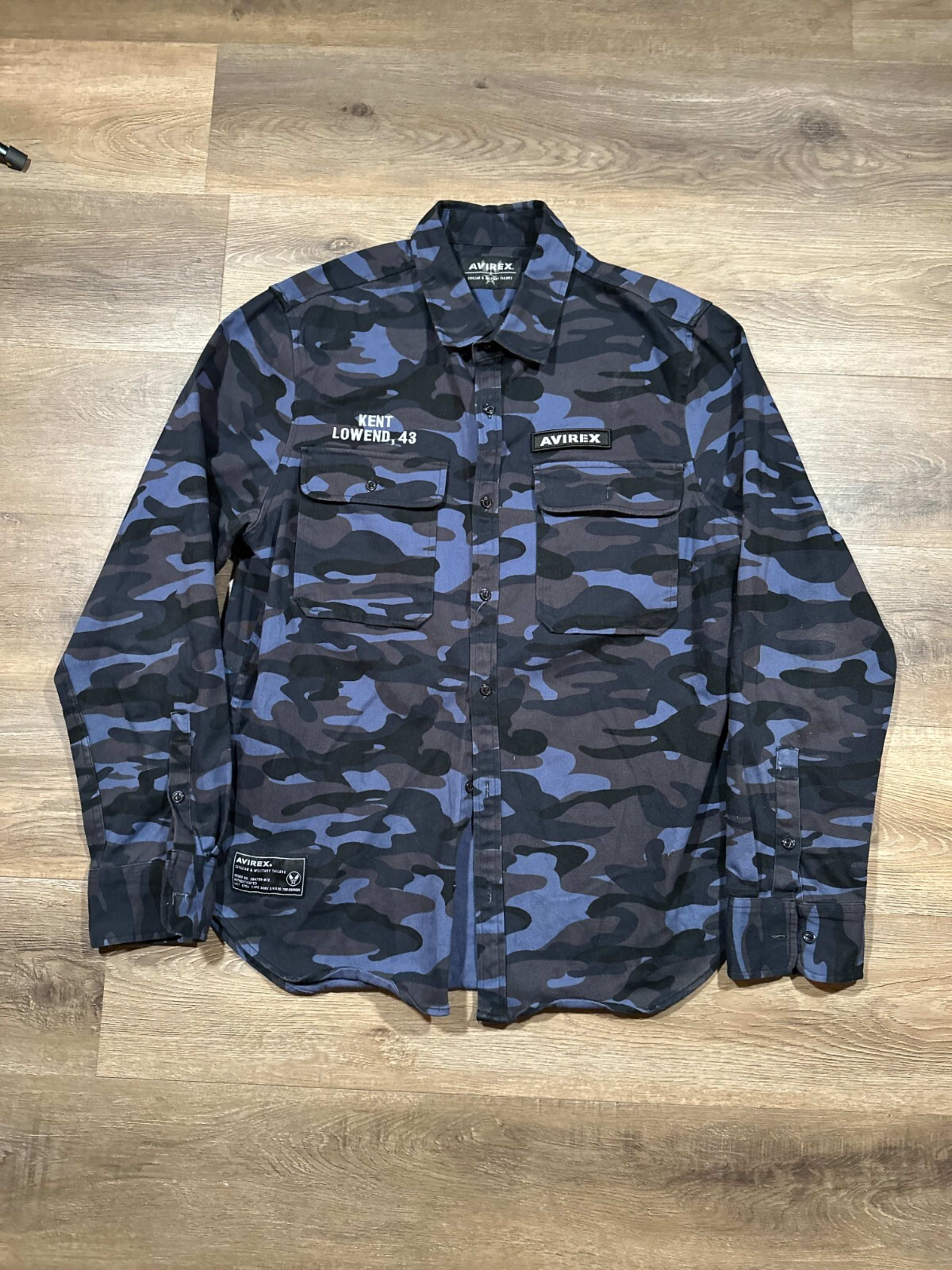 Avirex Shirt Mens XL Blue Camouflaged Long Sleeve Patches Military Tailor