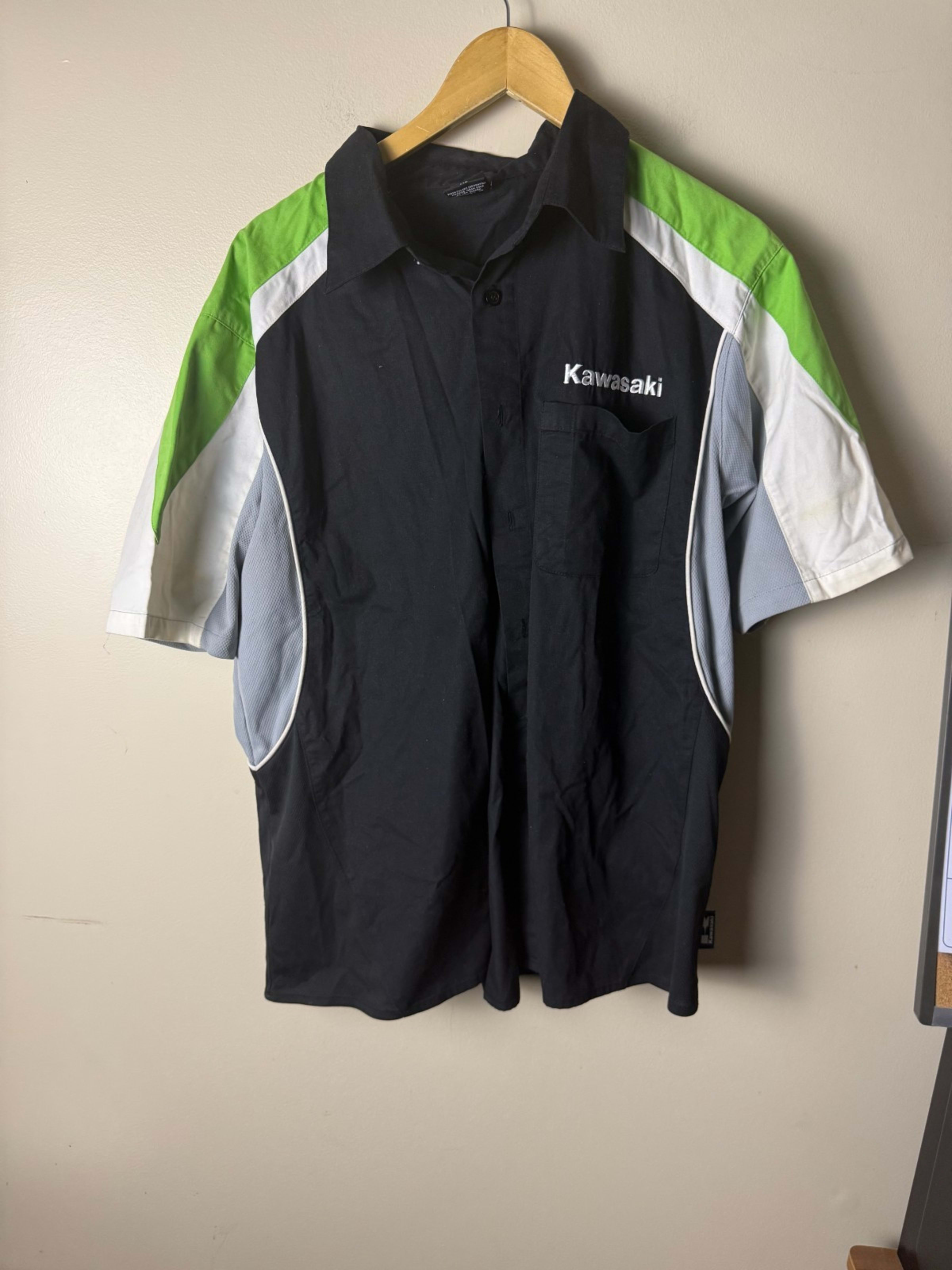 Vintage Grand Prix Kawasaki Shirt Mens M Black Pit Crew Racing Button Up