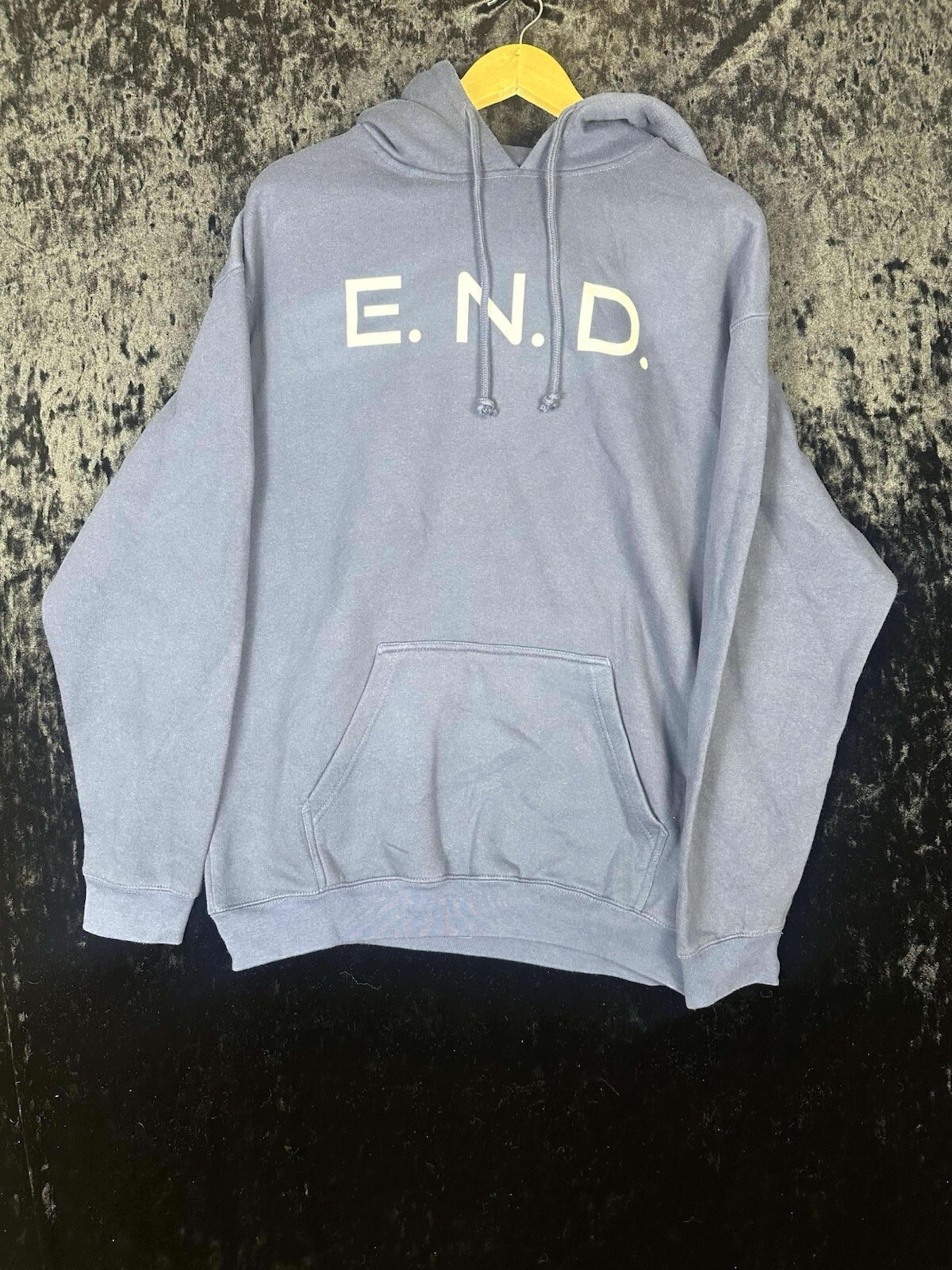 Vintage Pennant Sportswear Hoodie Mens L Blue E.N.D Spell Out Graphic Fleece