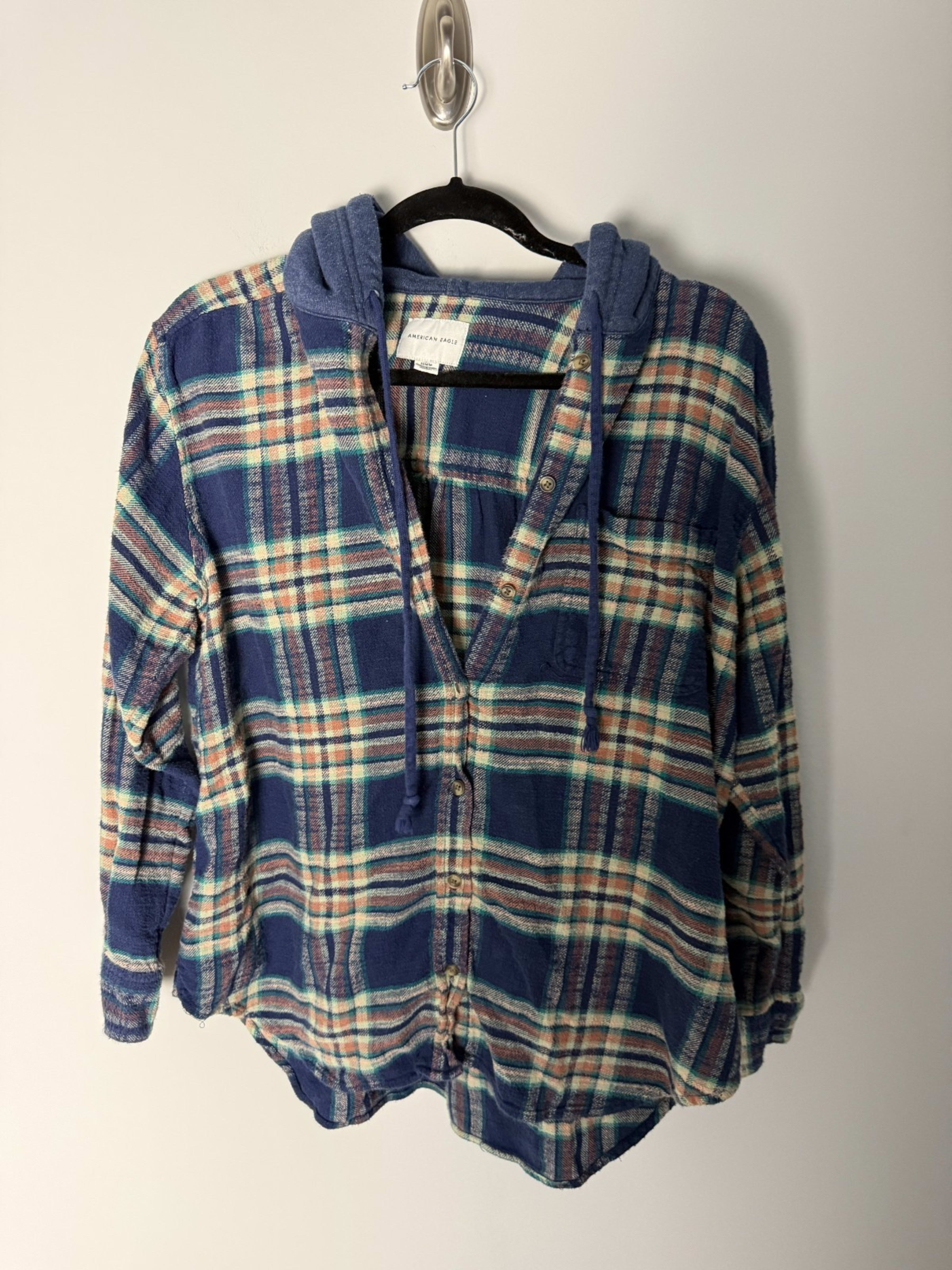 American Eagle Hooded Flannel Shirt Mens M Blue Drawstring Casual