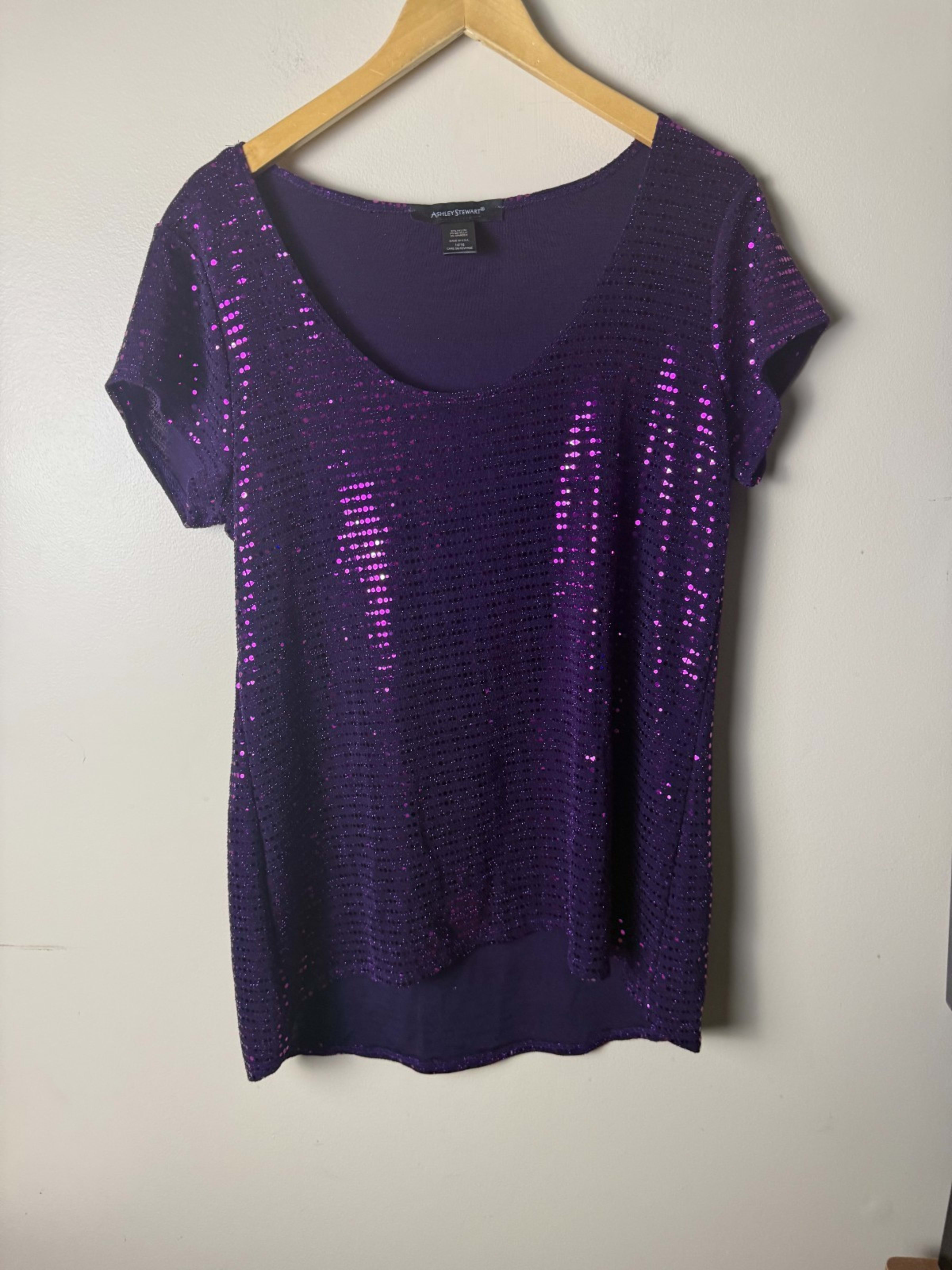 Ashley Stewart Blouse Womens 14/16 Purple Metallic Relax Shimmer Party Made USA