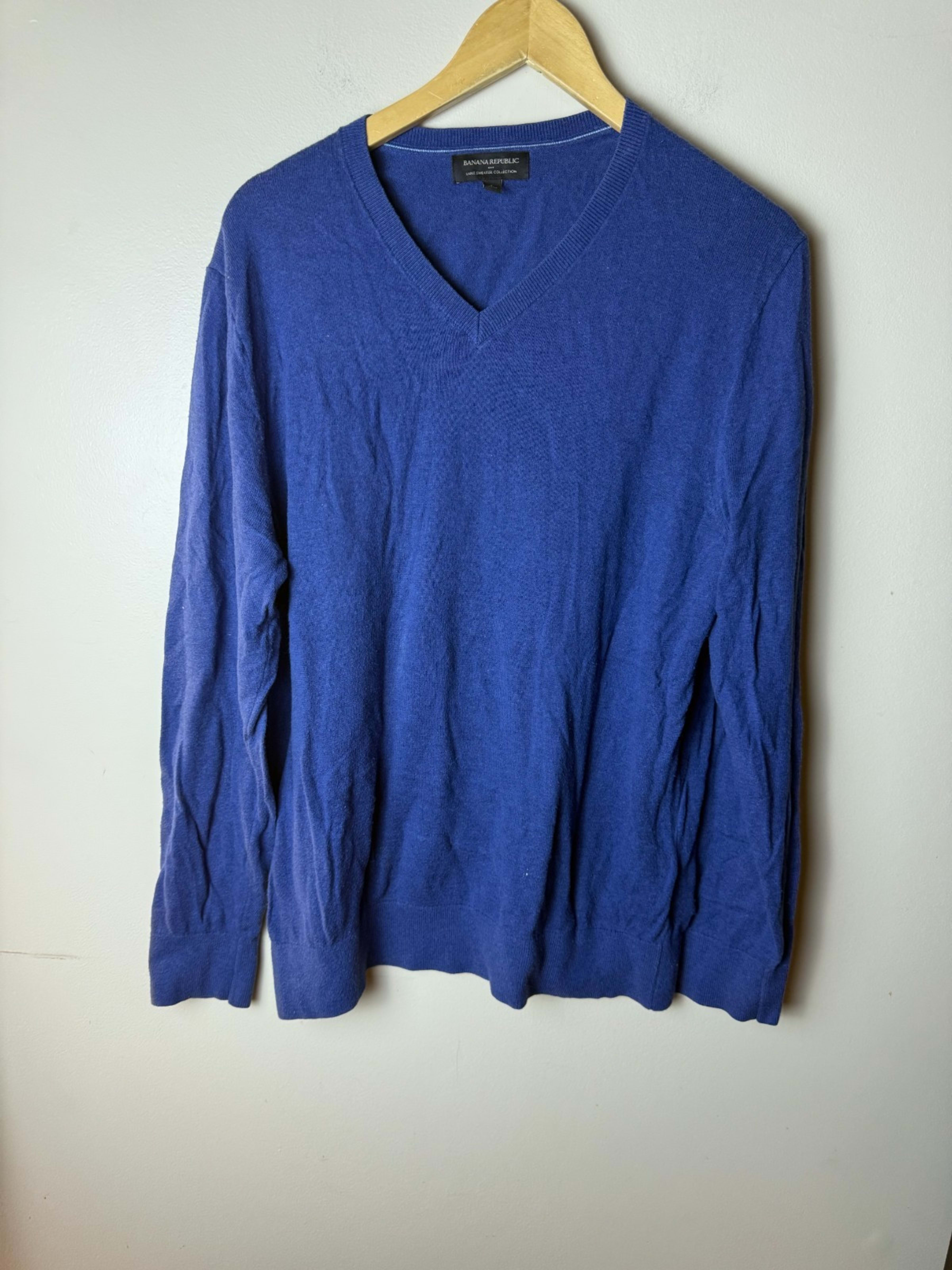 Banana Republic Knit V-Neck Pullover Sweater Mens L Blue Solid Casual