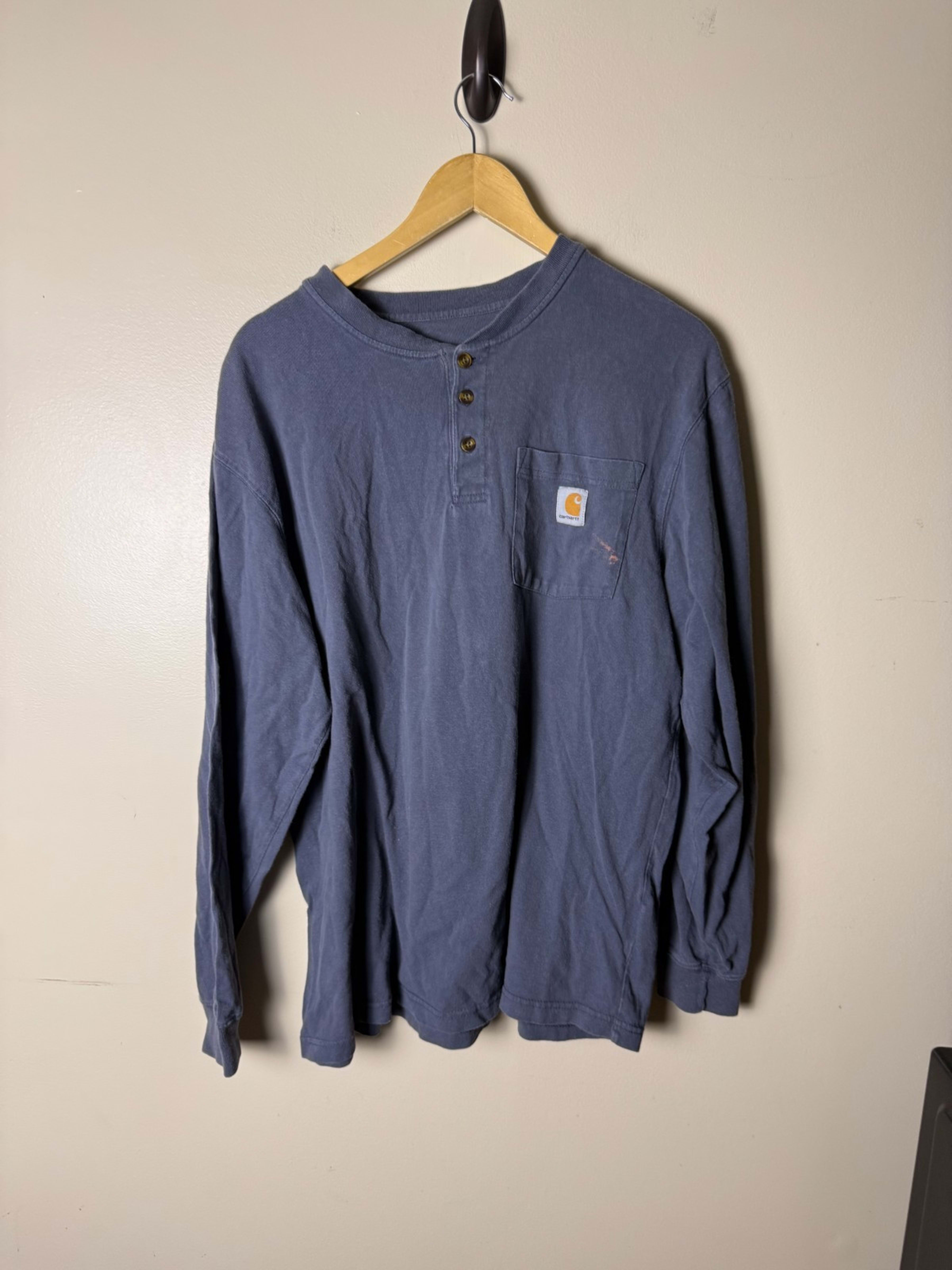 Carhartt Original Fit 1/4 Button Logo Pocket T Shirt Mens XL Blue Long Sleeve