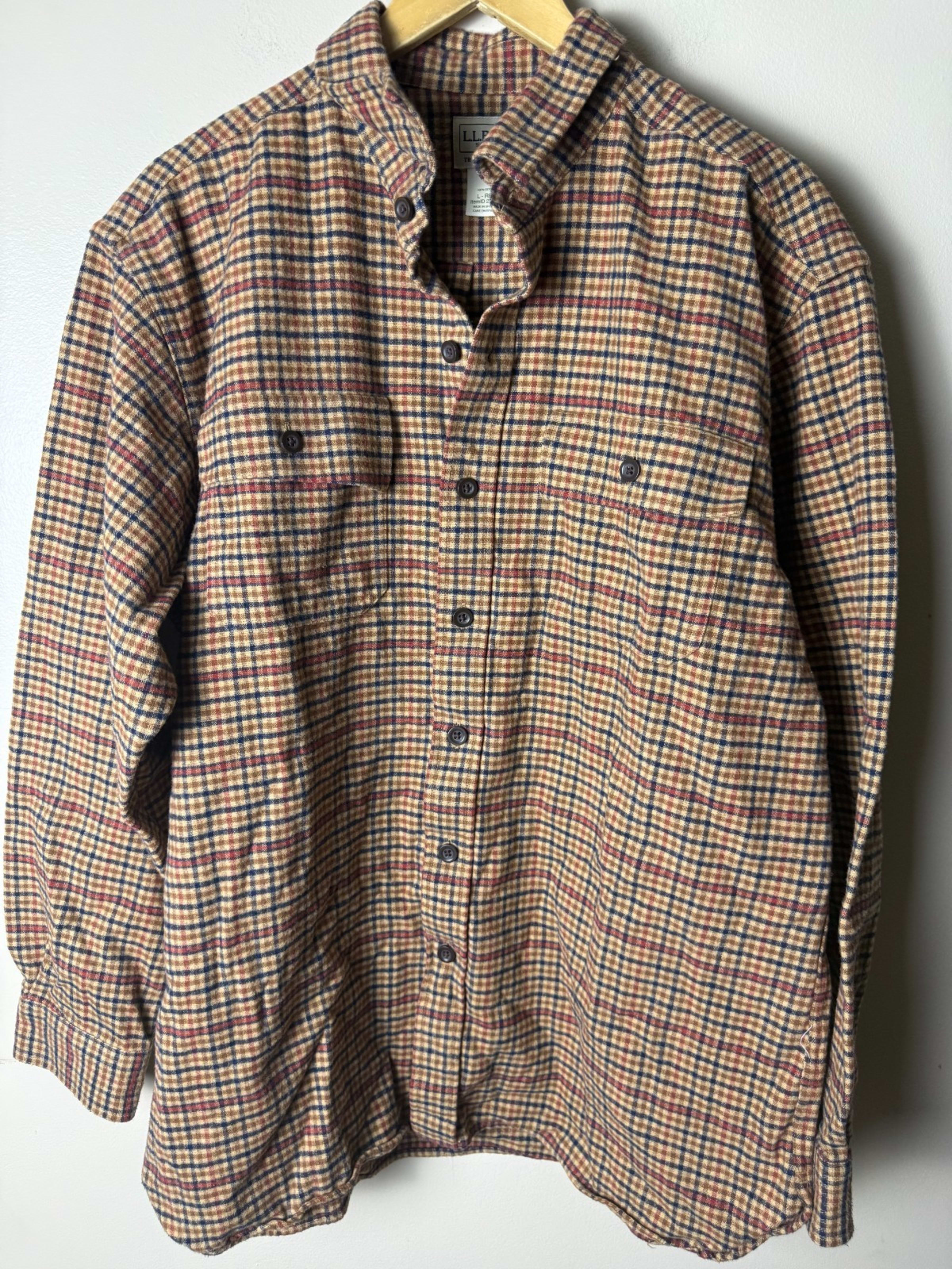 LL Bean Button Down Shirt Mens L Brown Plaid Long Sleeve Cotton Traditional Fit