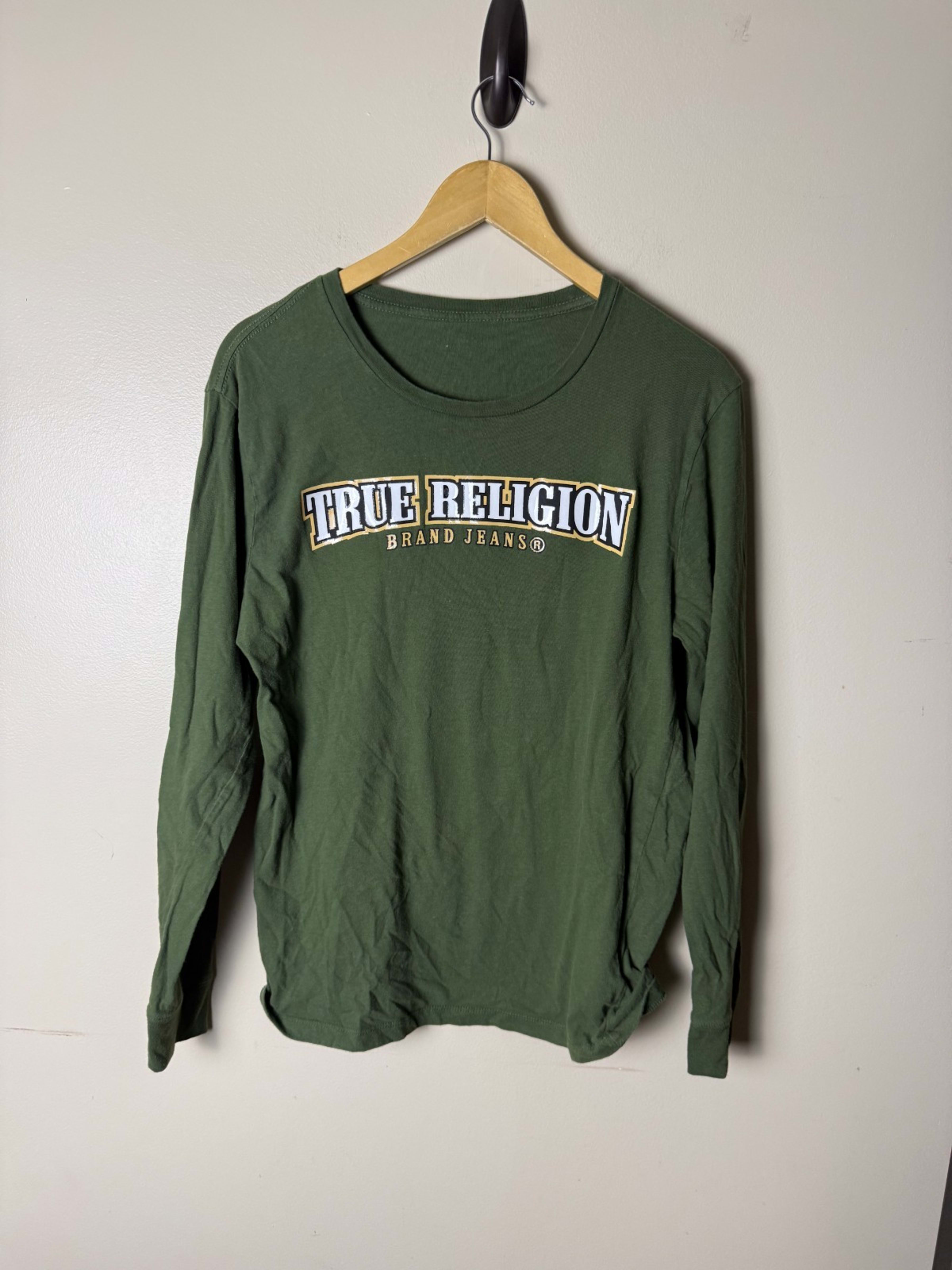 True Religion Shirt Womens S Green Long Sleeve Scoop Neck Gold Logo Graphic