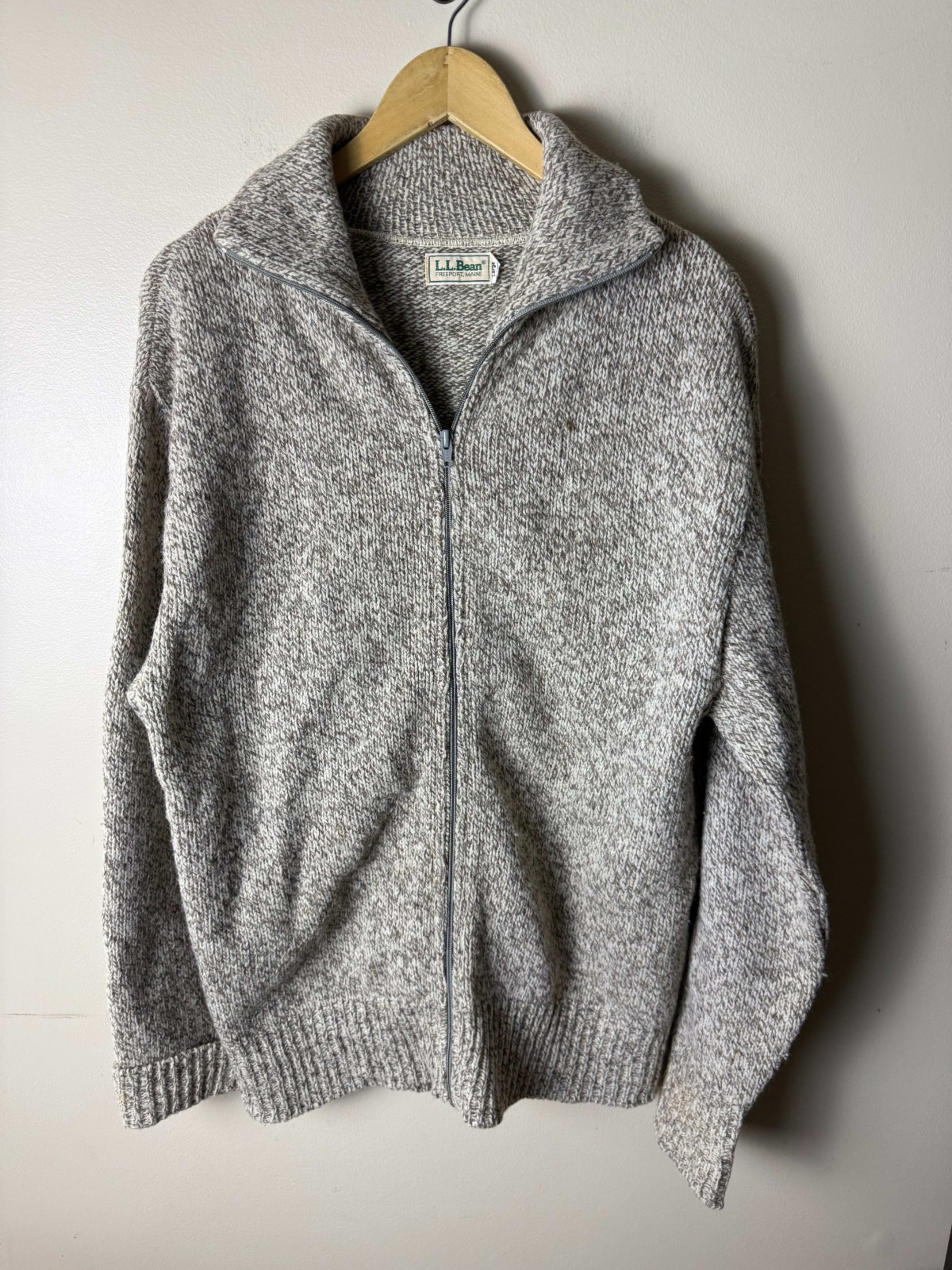 Vintage L.L. Bean Commando Sweater Mens L Gray Wool Full Zip Cardigan Ribbed