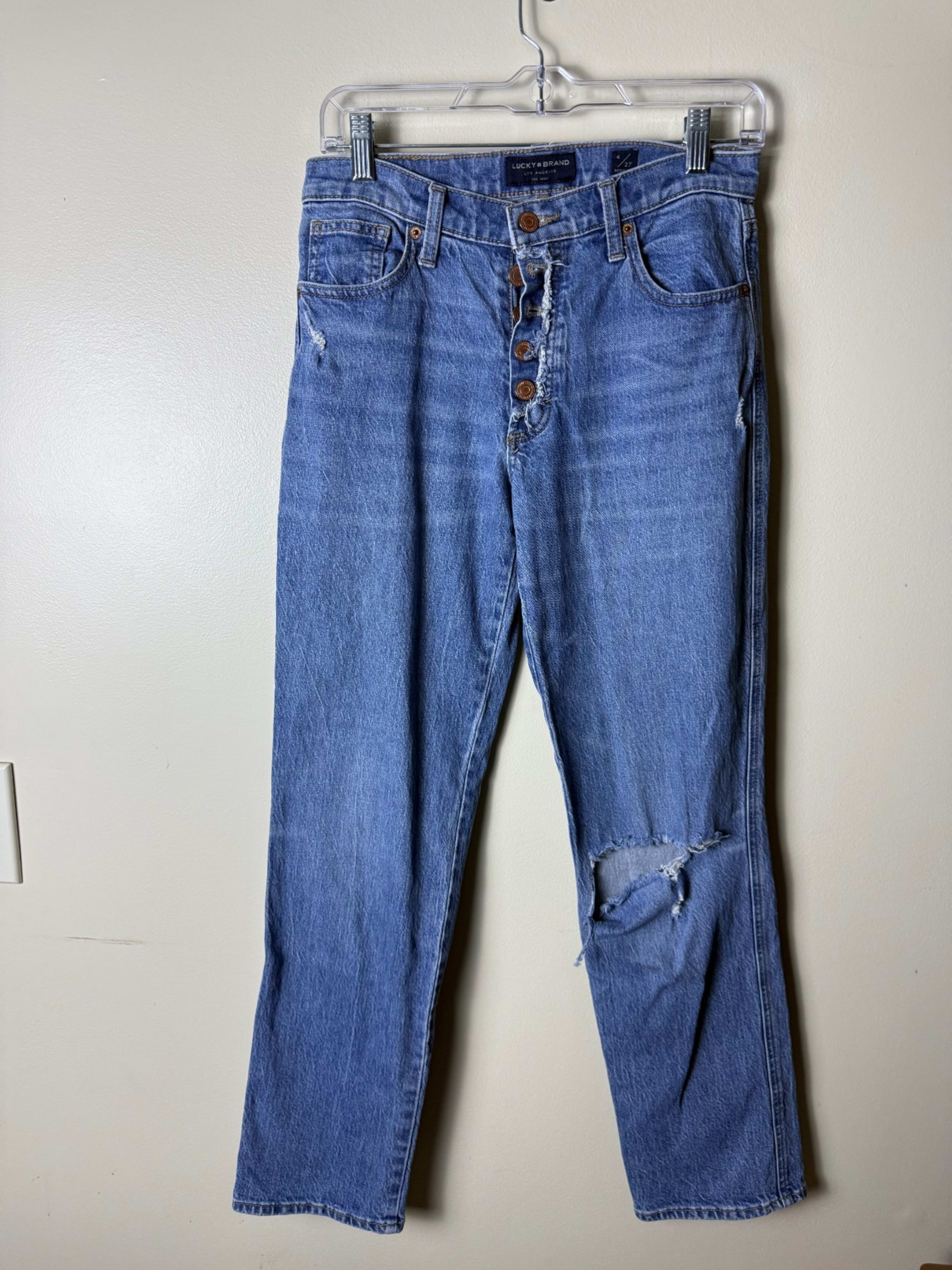 Lucky Brand Jeans Women’s 4/27 Reg Blue Wash Mid Rise Button Fly Distressed