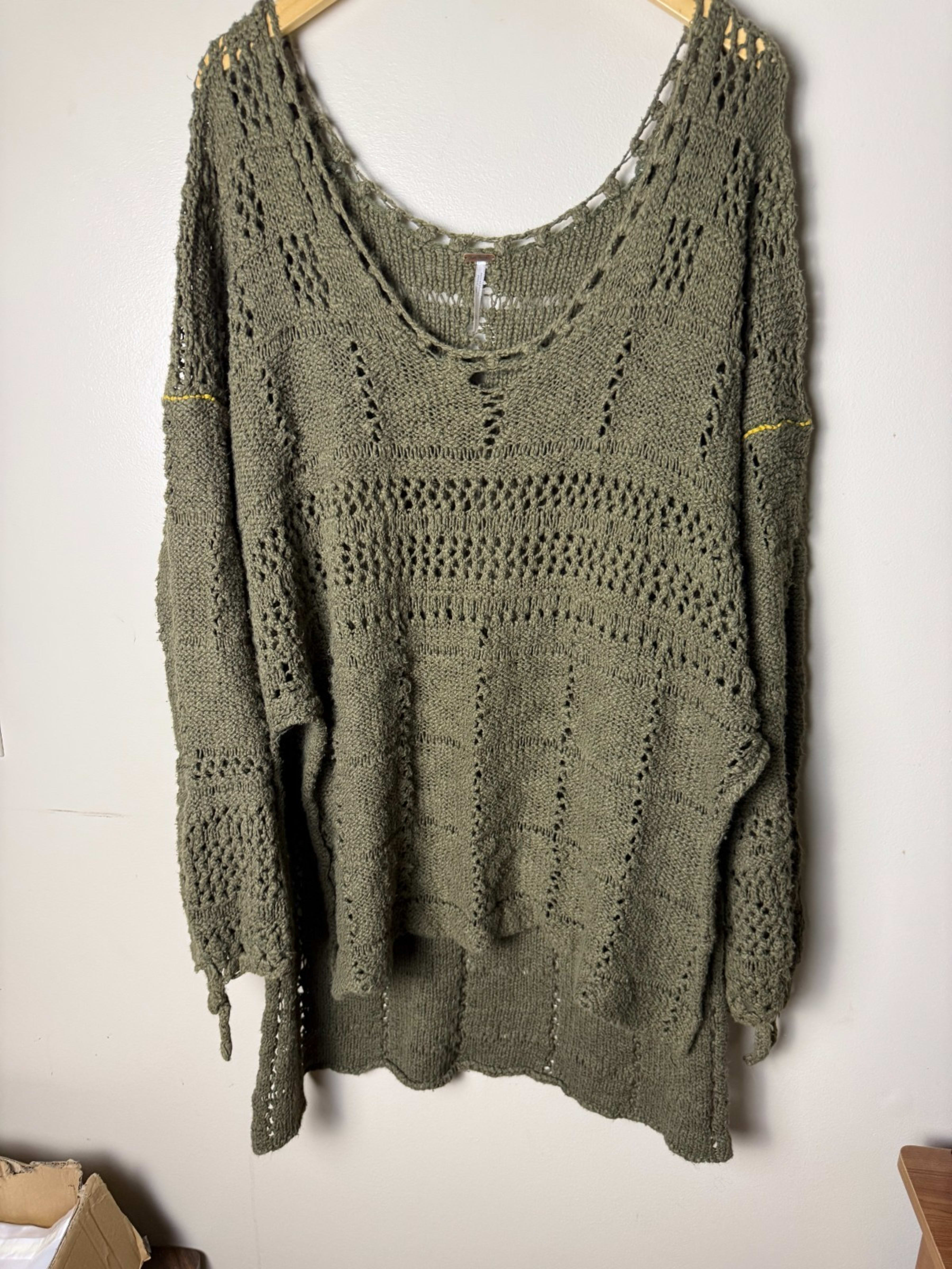 Free People Olive Green Belong to You Tunic Open Knit Sweater Womens L Boho