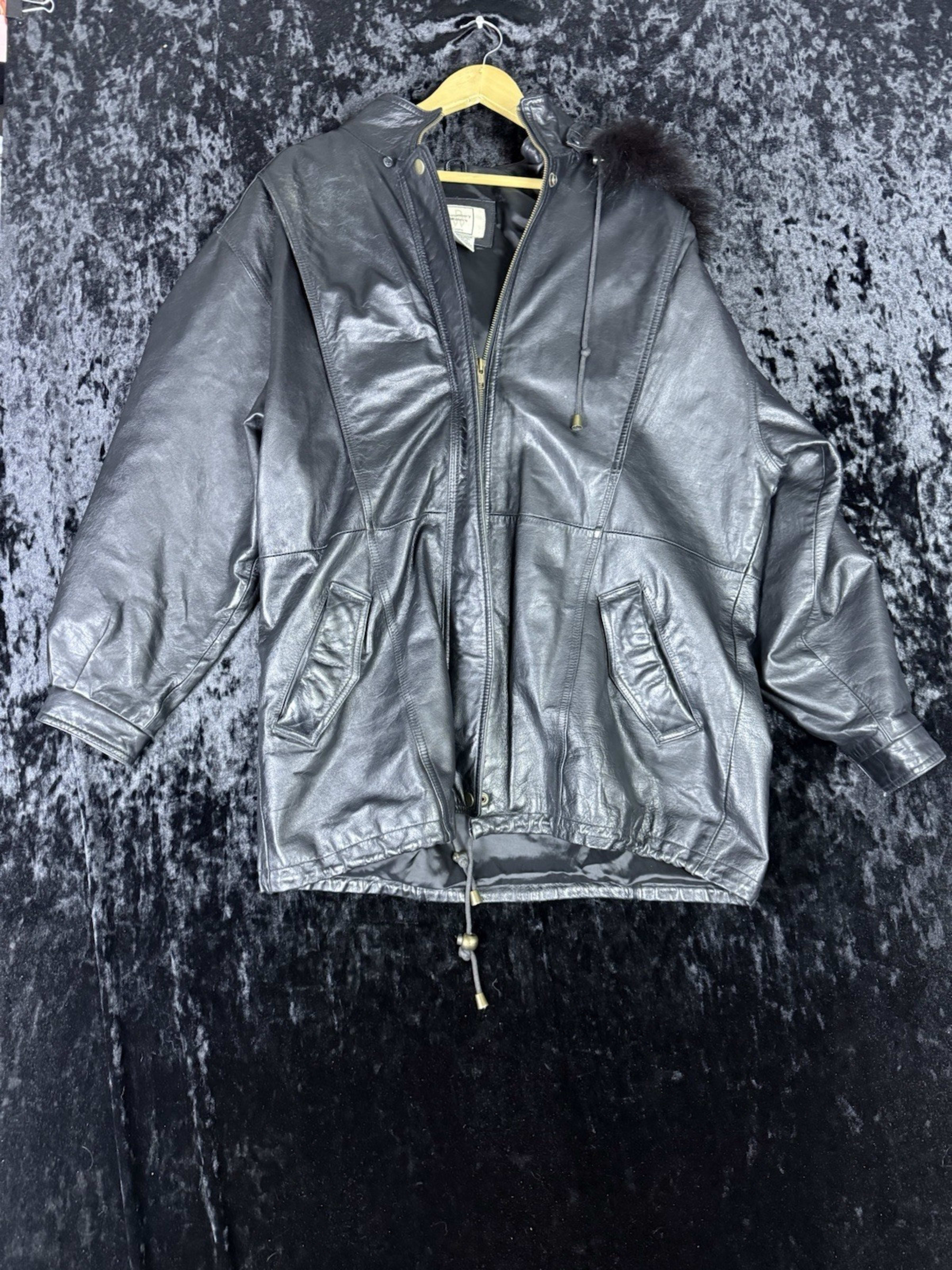 Vintage Boundary Waters Genuine Leather Fox Hood Trim Jacket Womens XL Black