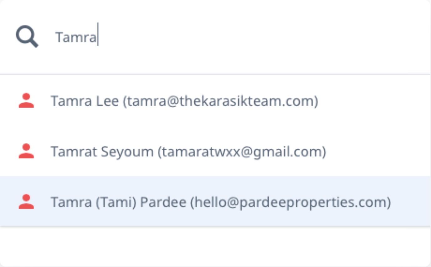 The word 'Tamra' has been typed into the MLX Omni Search Bar, and below this, there are 3 results matching the name Tamra, the third of which the user has highlighted for selection.