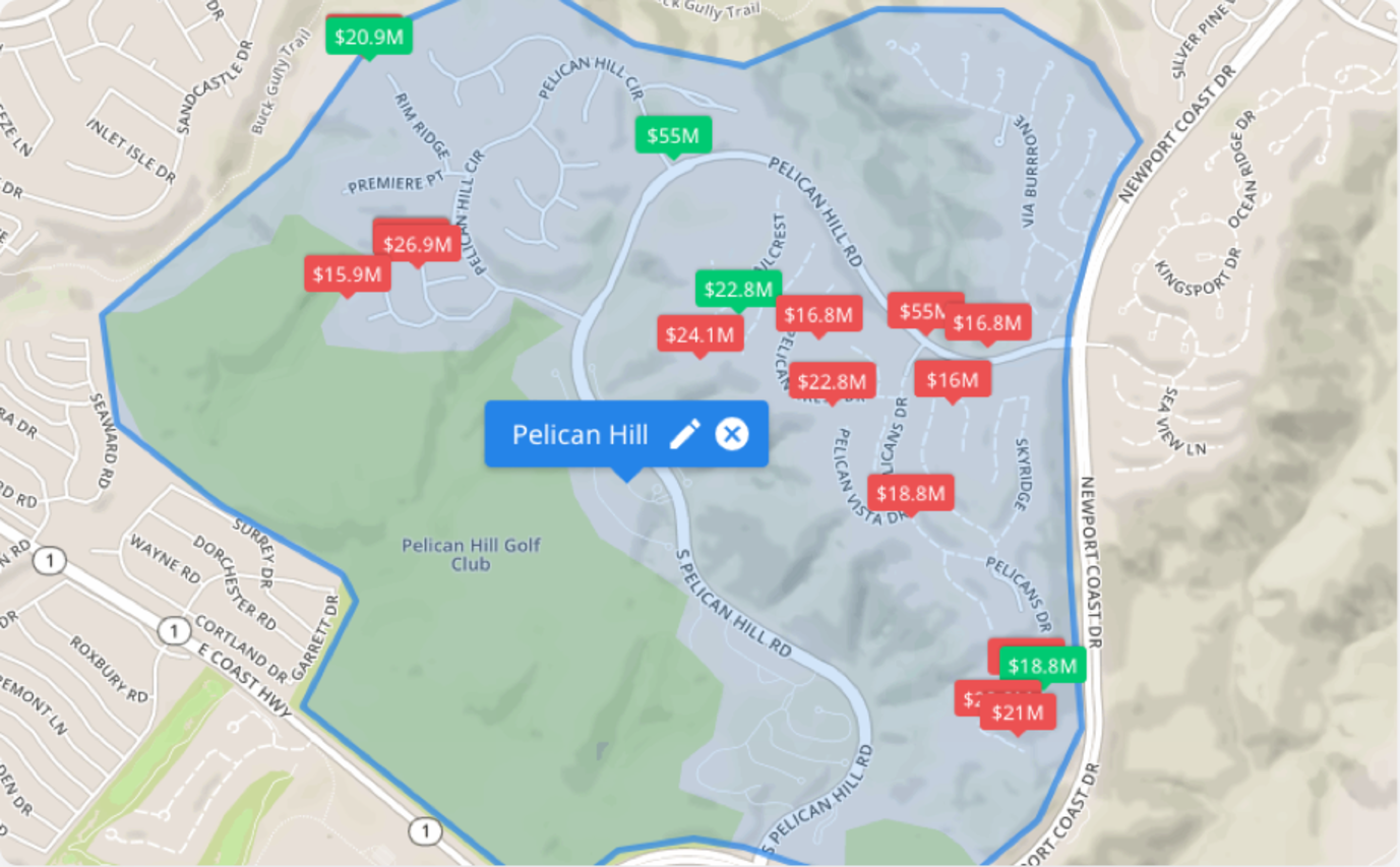 There is a light-blue outline drawn around a map area, containing pins of red and green which represent homes within that area that are on the market.  In the center of the drawn shape there is a blue pin with the name of the area that the user of this map has given the area.