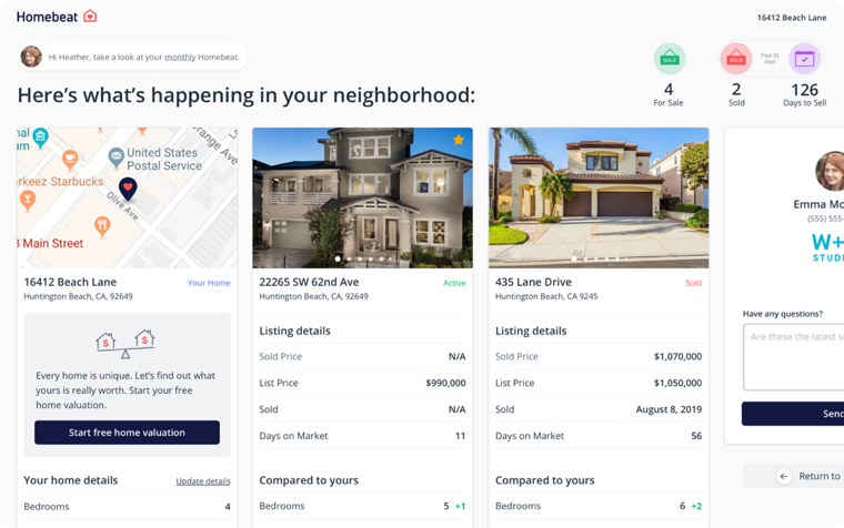 A preview of the Homebeat interface, showing comparable properties side-by-side