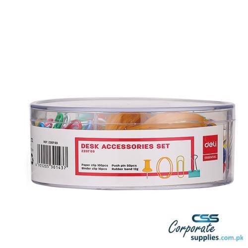 Deli Desk Accessories Set – Paper Clip, Push Pin, Binder Clip, Rubber Band (EZ20703)