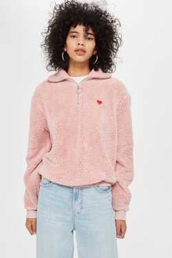 10 Borg Heart Zip Funnel Sweatshirt | Topshop