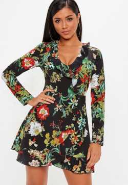 Black Dark Floral Tie Waist Mini Dress | Missguided