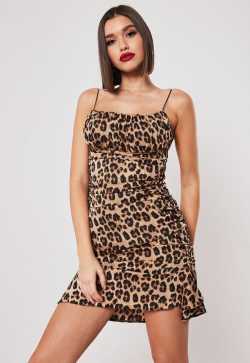 Camel Leopard Satin Ruched Side Bodycon Mini Dress | Missguided