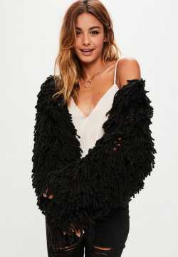 10 Premium Black Shaggy Crop knitted Cardigan | Missguided