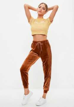 8 Rust Velvet Double Stripe Joggers | Missguided