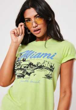 Neon Lime Miami Washed Graphic T Shirt | Missguided