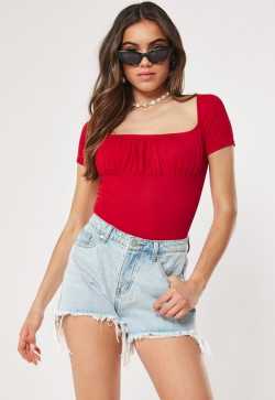 Red Gathered Front Short Sleeve Milkmaid Bodysuit | Missguided