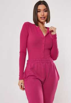 Pink Button Front Ribbed Bodysuit | Missguided