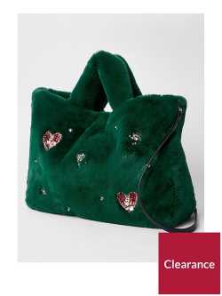 River Island River Island Gem Faux Fur Shopper Bag - Green | very.co.uk