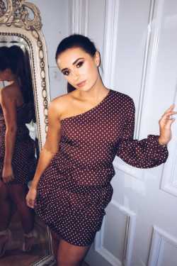 Dani Dyer Brown Polka Dot One Shoulder Frill Mini Dress | In The Style