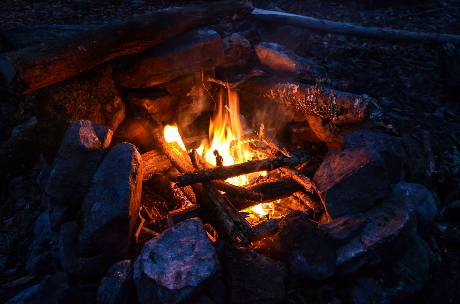 Nice warm fire after a cold, soggy hike to the shelter.