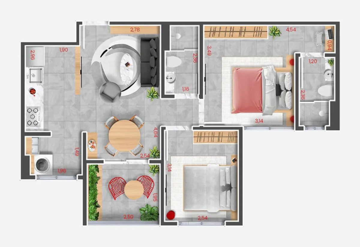 Planta tipo 4 - 62,6m² - 1 dorm, 1 suíte e 1 vaga