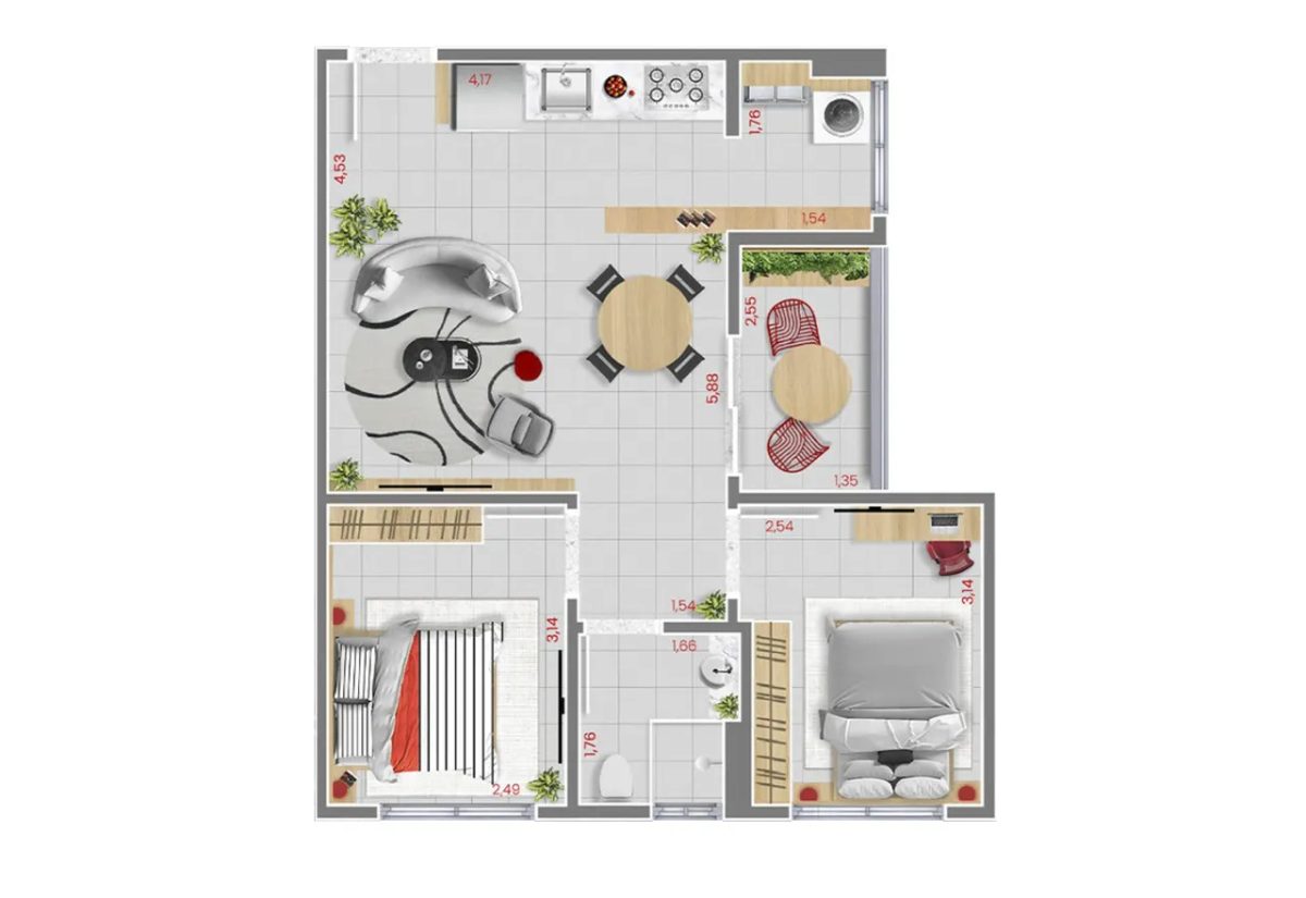 Planta tipo 1 - 52,7m - 2 dorm e 1 vaga