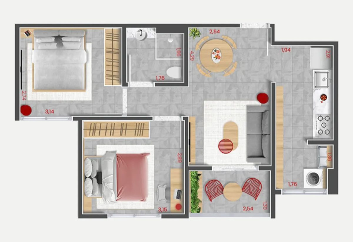 Planta tipo 2 - 53m² - 2 dorm e 1 vaga
