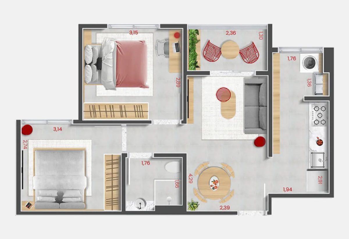 Planta tipo 2A - 52,8m² - 2 dorm e 1 vaga