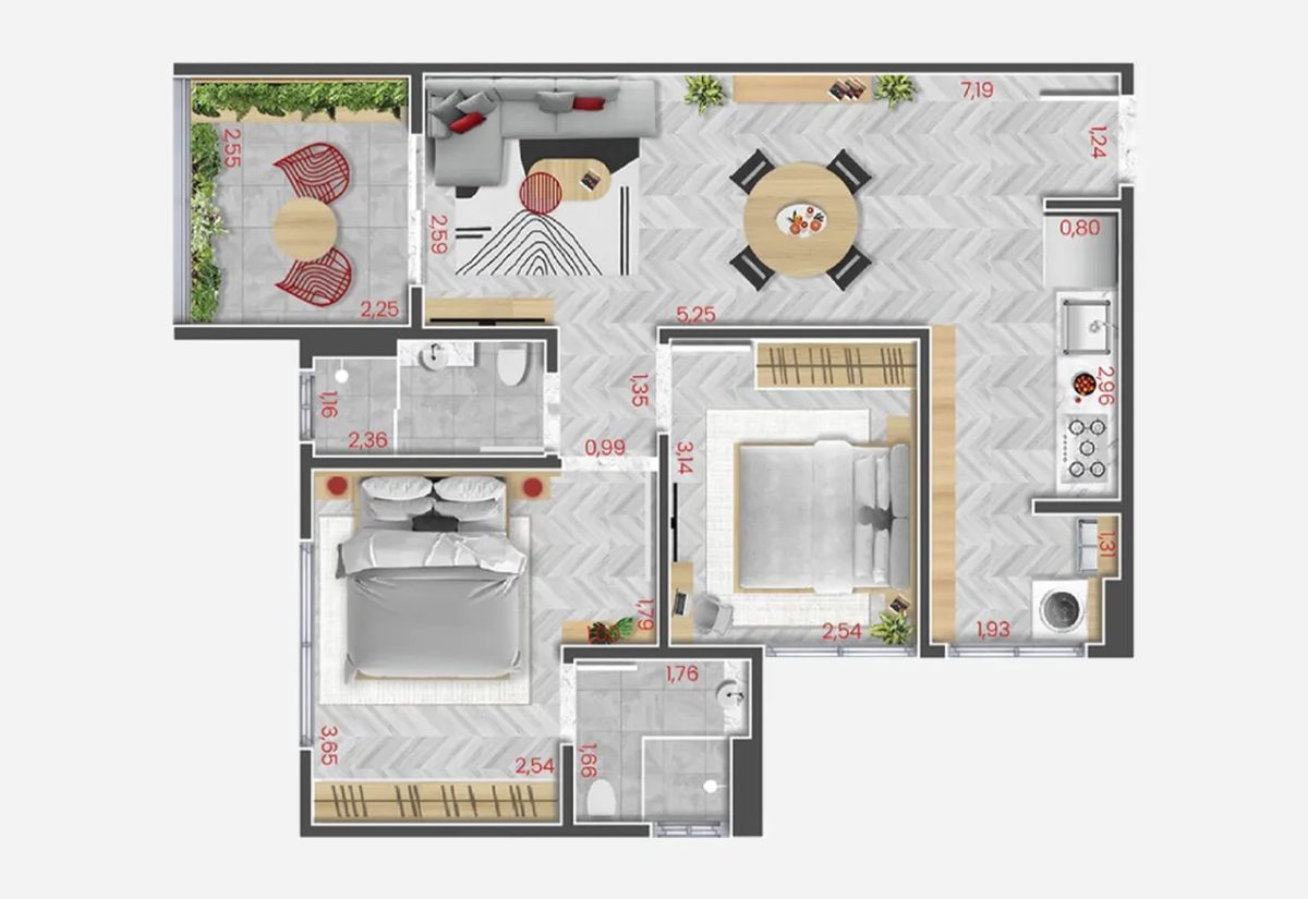Planta tipo 3 - 65,6m² - 1 dorm, 1 suíte e 1 vaga e Varanda Gourmet