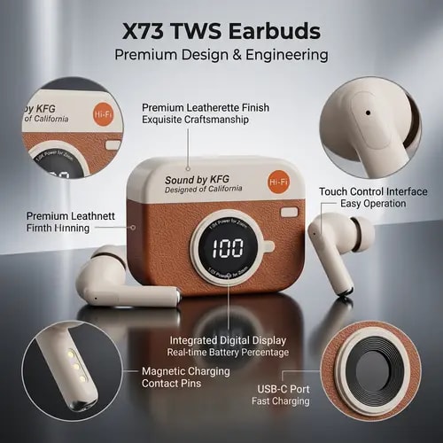 X73 TWS Wireless Earbuds – Sound by KFG, Digital Battery Display & Retro Camera Design - 2