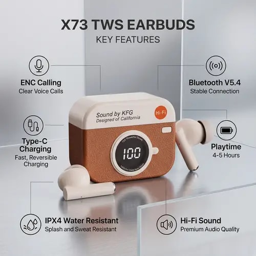 X73 TWS Wireless Earbuds – Sound by KFG, Digital Battery Display & Retro Camera Design - 3