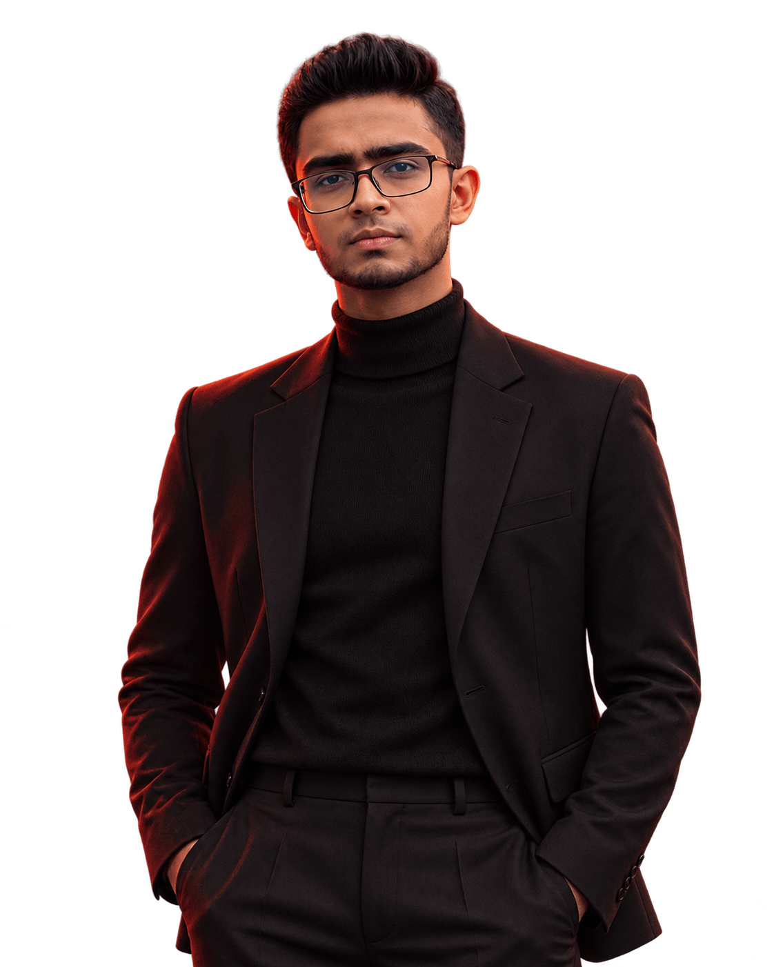 Shajedul Kabir Rafi wearing a black suit and glasses, facing forward