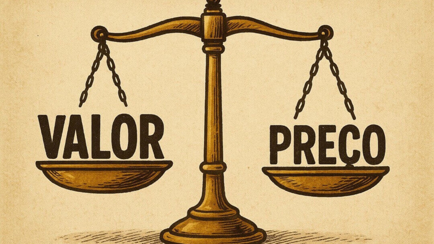 Imagem de uma balança, do lado esquerdo a palavra "Valor", do direito a palavra "Preço".