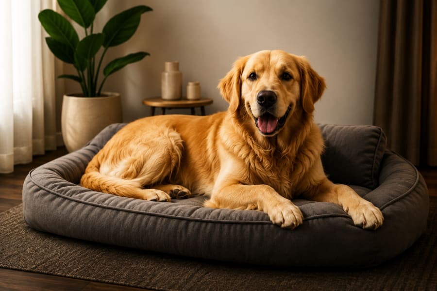 Golden retriever resting comfortably on a premium pet bed