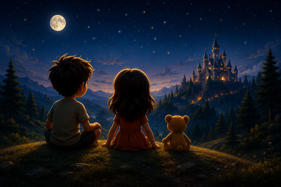 Two children and a teddy bear looking toward a magical illuminated castle